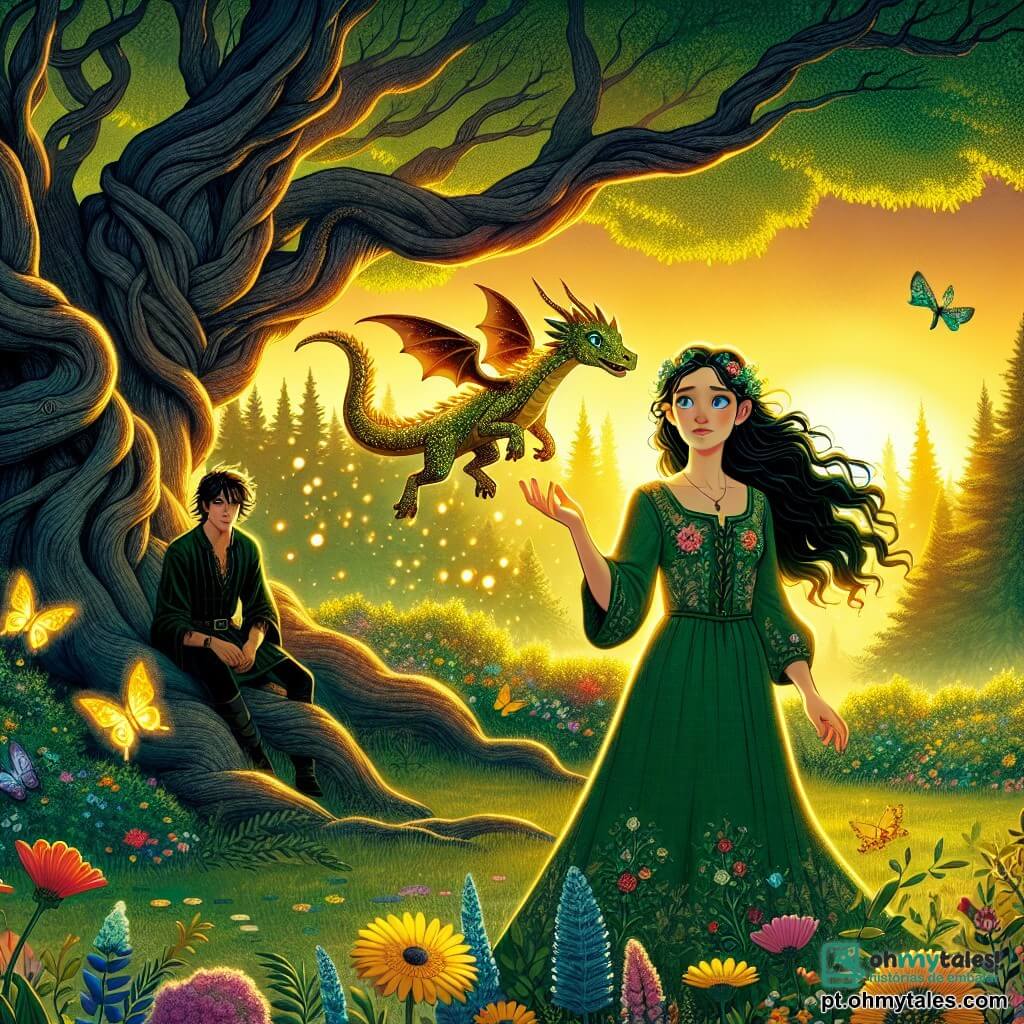 No centro da imagem, Calista, uma jovem de cerca de 16 anos, se destaca sob uma majestosa árvore antiga. Ela tem cabelos negros como a noite, olhos azuis brilhantes e veste um vestido de linho verde com padrões florais. Sua expressão é determinada, com um leve sorriso de confiança, enquanto levanta uma mão para o céu, como se estivesse chamando a magia. Ao seu lado, Pyrrhos, um pequeno dragão dourado com escamas cintilantes, voa alegremente ao seu redor, emitindo uma luz quente. Ao fundo, um homem misterioso, na casa dos trinta anos, com cabelos escuros e uma expressão astuta, observa Calista com intensidade, à entrada de uma caverna escura. O cenário é uma clareira verdejante, iluminada pela luz dourada do sol poente, cheia de flores coloridas e borboletas. A grande árvore, com ramos retorcidos e folhagem densa, parece quase viva, como se protegesse um segredo oculto abaixo. A cena principal mostra Calista usando sua magia para criar luzes brilhantes que dançam ao seu redor, distraindo o homem misterioso, enquanto Pyrrhos voa acima deles, pronto para defender sua amiga.