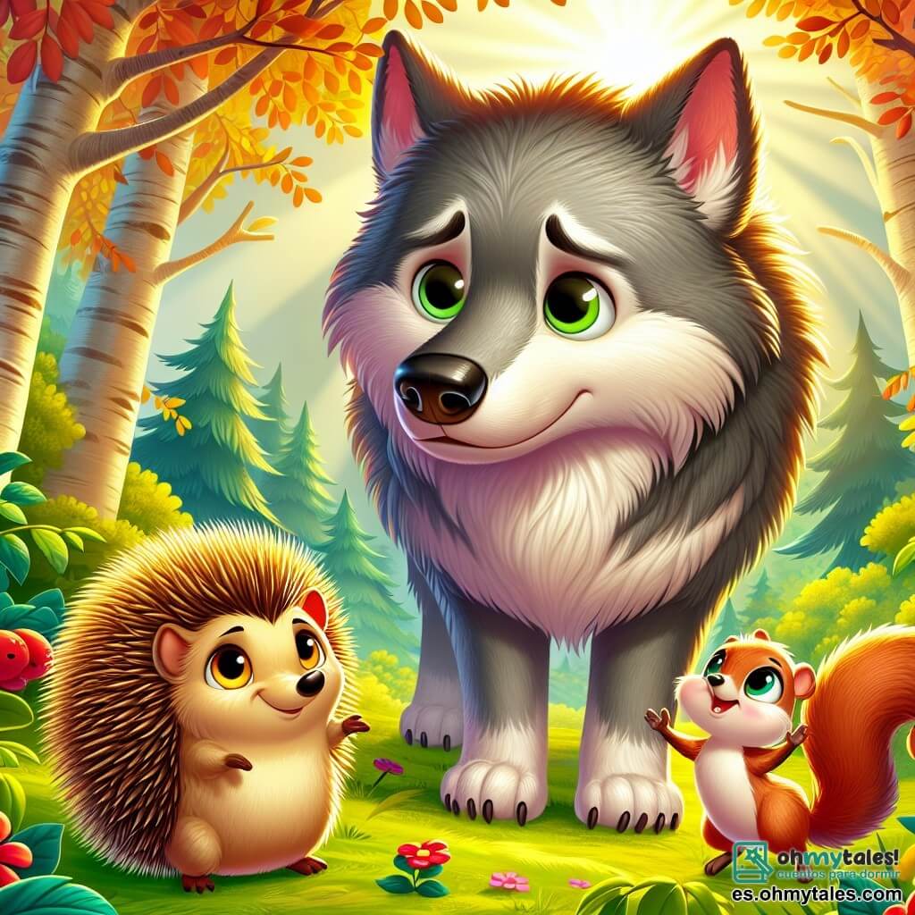 Un gran lobo gris, con un pelaje suave y ojos tristes, se encuentra en el centro de la escena, mirando con curiosidad y un toque de timidez. Tiene grandes orejas puntiagudas y un hocico alargado, y parece dudoso, como si quisiera acercarse pero temiera ser rechazado. A su derecha, un pequeño erizo de púas doradas, llamado Piquitos, muestra una sonrisa alentadora y ojos brillantes de determinación. Se mantiene orgulloso y listo para defender a su nuevo amigo. A su izquierda, una ardiente ardilla pequeña, Lola, con pelaje marrón y una cola esponjosa, salta alegremente, mostrando su entusiasmo y confianza. El decorado es un hermoso bosque verde, con árboles majestuosos de hojas brillantes, flores coloridas esparcidas por el suelo y un suave rayo de sol filtrándose a través de las ramas. La situación principal muestra al lobo, Piquitos y Lola reunidos, listos para enfrentar juntos a los otros animales del bosque, ilustrando un momento de camaradería y comprensión, donde el lobo, aunque grande e imponente, está rodeado de amistad y calidez.