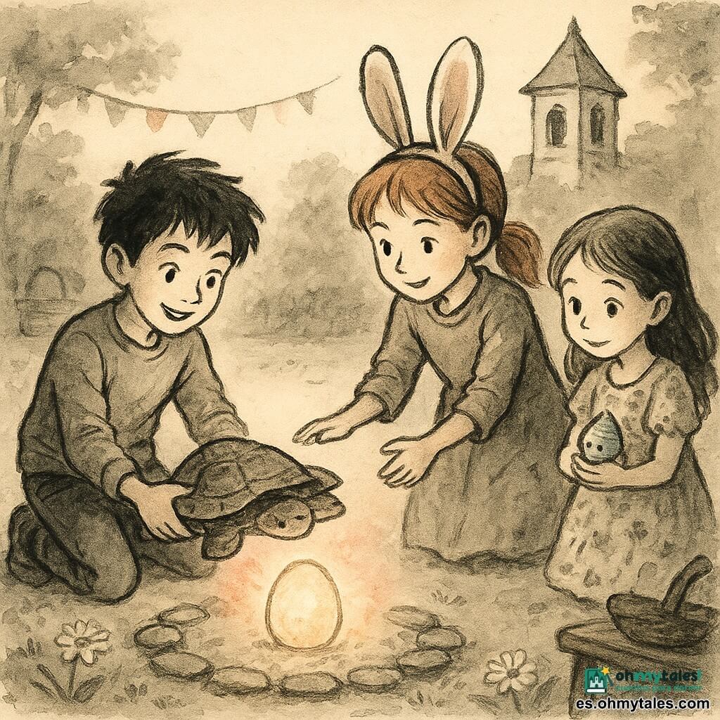 Un niño de 12 años, Leo, alegre pero concentrado, cabello castaño despeinado, ojos avellana, con suéter verde y vaqueros, se arrodilla y levanta suavemente una piedra plana con forma de tortuga para revelar un gran huevo luminoso; a su lado Nora, niña de unos 10 años, traviesa y protectora, pelo pelirrojo en coletas y orejas de conejo de tela, lista para ayudar; Claudia, de unos 7 años, tímida y luego maravillada, con vestido de flores, sostiene un pequeño huevo azul que canta y sonríe desde atrás; el Conejo de Pascua antropomorfo, pequeño, con chaleco azul y reloj de bolsillo, observa desde una mesa baja, aliviado; el jardín del barrio con un pequeño campanario de piedra, círculo de piedras planas entre margaritas y césped, guirnaldas y mesas con cestas al fondo; momento de descubrimiento colectivo: la piedra se eleva, el huevo brilla con halo rosado y dorado, luz suave y atmósfera cálida; estilo: trazos de tinta fluidos, lavados suaves, textura de papel, contraste de tinta negra con toques sutiles de rosa y dorado.