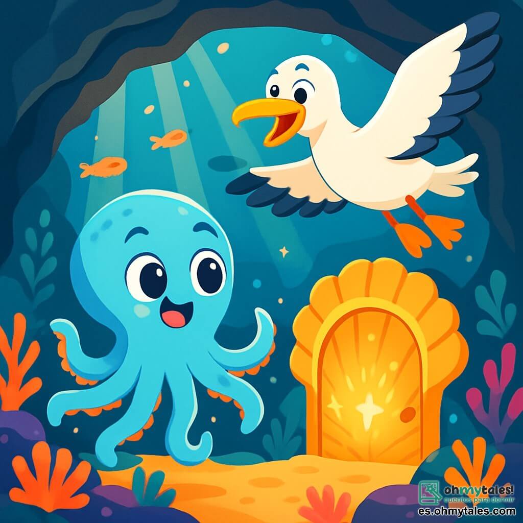 Un pequeño pulpo azul cielo, llamado Lolo, nada alegremente bajo el agua, con sus ocho tentáculos ondulando con entusiasmo. Sus grandes ojos brillantes expresan curiosidad y asombro mientras descubre una luz mágica en el fondo del mar. A su lado, una gran gaviota blanca, Gala, con un plumaje resplandeciente y un pico amarillo brillante, vuela sobre él, mostrando una sonrisa amistosa y alentadora. Ella parece emocionada, lista para explorar este misterio con Lolo. El decorado es una cueva submarina, llena de corales coloridos, peces brillantes y plantas marinas que bailan suavemente al ritmo de las olas. Rayos de luz filtran a través del agua, iluminando la escena con un brillo dorado y encantado. Lolo y Gala se dirigen hacia una puerta de conchas, intrigados por la luz que brilla detrás de ella, listos para descubrir los secretos ocultos de la cueva.