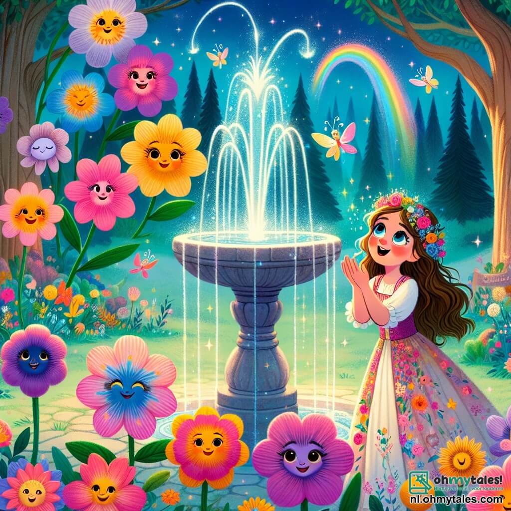 Een vrouw genaamd Lila, in haar twintig, met lange golvende haren en een kleurrijke jurk versierd met bloemenmotieven, staat verwonderd voor een prachtige fontein die schittert. Haar gezicht straalt vreugde en verwondering uit, haar ogen glinsteren als sterren. In de buurt dansen vrolijke bloemen in felle kleuren om haar heen, met blije gezichten en bloemblaadjes die lijken te trillen van geluk. Ze zingen zachtjes en moedigen Lila aan om de magie van deze wereld te ontdekken. De plek is een betoverende open plek, omringd door majestueuze bomen met dikke stammen en glanzende bladeren, onder een blauwe lucht met zachte, donzige wolken. De fontein, gemaakt van glinsterende stenen, spuit helder water dat regenbogen in de lucht creëert. Lila, vol nieuwsgierigheid, is van plan om magisch water uit de fontein te drinken, klaar om een wereld van wonderen en stralende kleuren binnen te stappen.