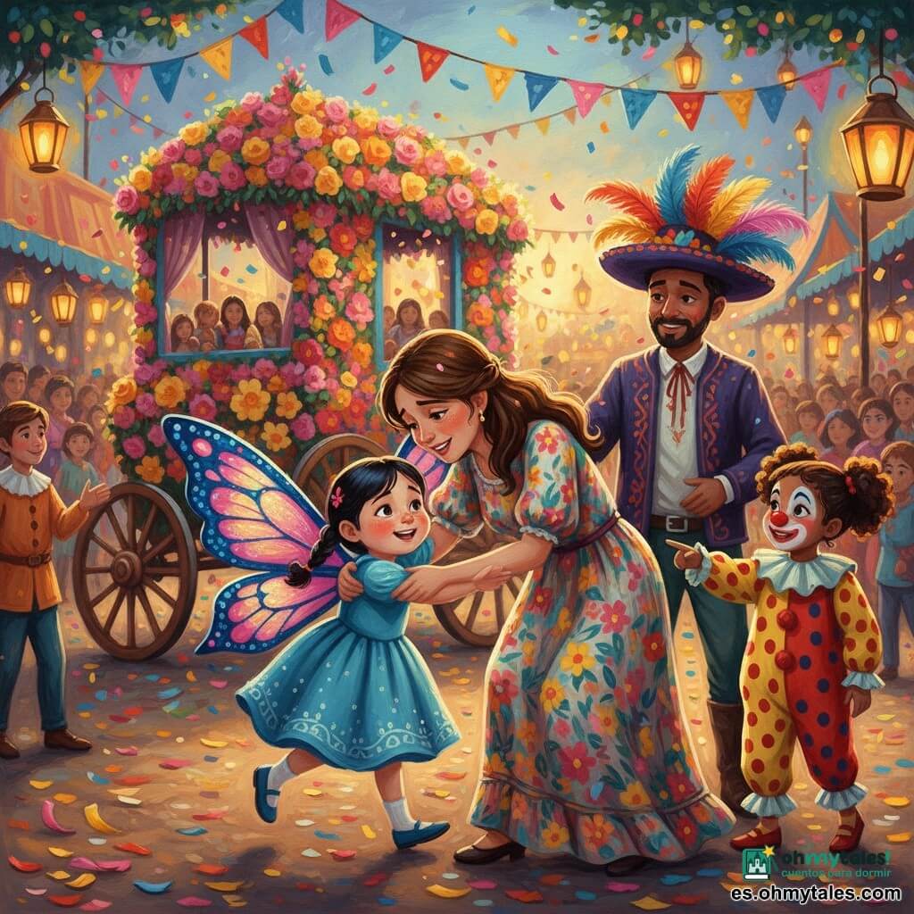 Niña de 4 años, Lucía, rostro redondo y pecas, cabello negro en coletas, sonrisa aliviada, lleva un gran disfraz de mariposa con alas azules y rosas con purpurina y corre hacia los brazos de su madre; la madre, mujer de unos 30 años, rostro dulce, vestido largo de flores y cabello castaño suelto, la abraza emocionada; otra niña de unos 5 años, Carla la payasita, maquillaje ligero y nariz roja, disfraz de payaso a lunares amarillos y rojos, sonríe y señala la gran carroza; un hombre de unos 40 años con sombrero de plumas multicolor y chaqueta bordada está detrás con gesto amistoso; carnaval al atardecer con una carroza cubierta de flores rosas, amarillas y naranjas, guirnaldas, faroles, confeti, gente difuminada, luz dorada, ambiente festivo, movimiento de telas y alas, gotas de pintura y textura acrílica gruesa.