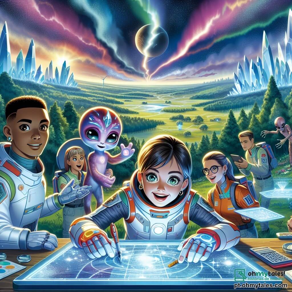 A cena ocorre na superfície de um planeta extraterrestre, onde se estende uma paisagem fantástica de florestas luminescentes e enormes montanhas de cristal cintilante. Em primeiro plano, a capitã Ana Sofia Ribeiro, uma mulher de trinta anos, com cabelos castanhos e olhos curiosos, usa um traje espacial brilhante e colorido. Ela exibe uma expressão de determinação e maravilha enquanto observa um grupo de seres extraterrestres, os Kaalin, que a cercam. Ao seu lado, Carla, uma jovem de 25 anos com cabelos curtos e óculos futuristas, anota em uma tablet holográfico, visivelmente animada com a descoberta. Um pouco mais longe, Marcus, um homem de 30 anos com barba bem cuidada e olhar concentrado, examina um gerador de energia com ferramentas nas mãos, pronto para ajudar os Kaalin. A situação principal mostra Ana e sua equipe colaborando com os Kaalin para consertar seus sistemas de energia, enquanto uma tempestade cósmica ameaçadora se aproxima no horizonte, iluminando o céu com relâmpagos coloridos e criando uma atmosfera de urgência e aventura.