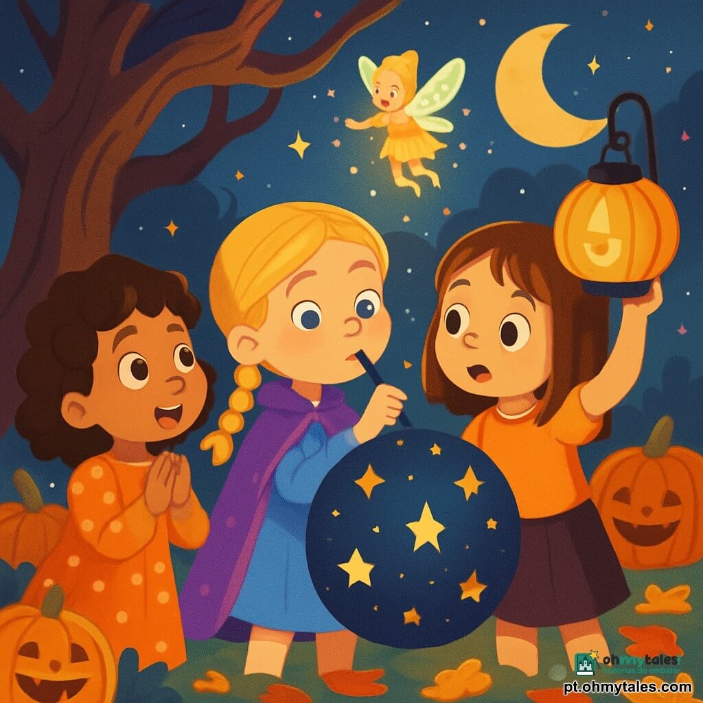 Há 3 personagens: - Marta: uma menina de 6 anos, com cabelos cacheados castanhos, vestindo uma roupa laranja com bolinhas brancas. Ela está à esquerda, olhando para o balão com olhos maravilhados. - Lia: uma menina de 6 anos, com cabelos loiros trançados, vestida com uma capa roxa brilhante. Ela está no centro, segurando o canudo para soprar no balão, com um sorriso determinado. - Bia: uma menina de 6 anos, com cabelos lisos castanhos, segurando uma lanterna em forma de abóbora. Ela está à direita, levantando a lanterna para iluminar o balão, com um olhar curioso. O cenário é um jardim de Halloween, cheio de folhas coloridas, abóboras esculpidas com rostos sorridentes e uma grande árvore de galhos retorcidos, sob um céu estrelado e uma lua brilhante. As sombras dançam no chão, criando uma atmosfera mágica e misteriosa. A cena principal mostra as três amigas reunidas em torno de um grande balão azul-escuro decorado com estrelas cintilantes. Elas sopram juntas no balão, seus rostos iluminados pela luz suave da lanterna, enquanto uma pequena fada luminosa flutua acima delas, acrescentando um toque de magia à cena.