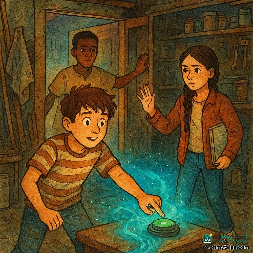 Matei, băiat de 12 ani cu fața rotundă și păr castaniu zburlit, întinde mâna spre un buton verde pe un mic ceas rotund pe o masă dintr-un garaj vechi și dezordonat; Daria, fată de 12 ani cu părul împletit și un carnet de schițe la subsuoară, stă în spatele lui cu mâna ridicată ca să-l oprească; Lucius, adolescent de ~13 ani cu păr scurt, ține ușa garajului întredeschisă și arată o trecere fosforescentă azuriu-verzie care străbate întunericul; în jur, rafturi cu borcane și unelte ruginite, o pânză prăfuită și particule luminoase plutitoare; momentul surprins e cel înainte de a apăsa butonul, tensiune blândă, contrast între caldul garajului și recele luminiscent, atmosferă de uimire și prudență.