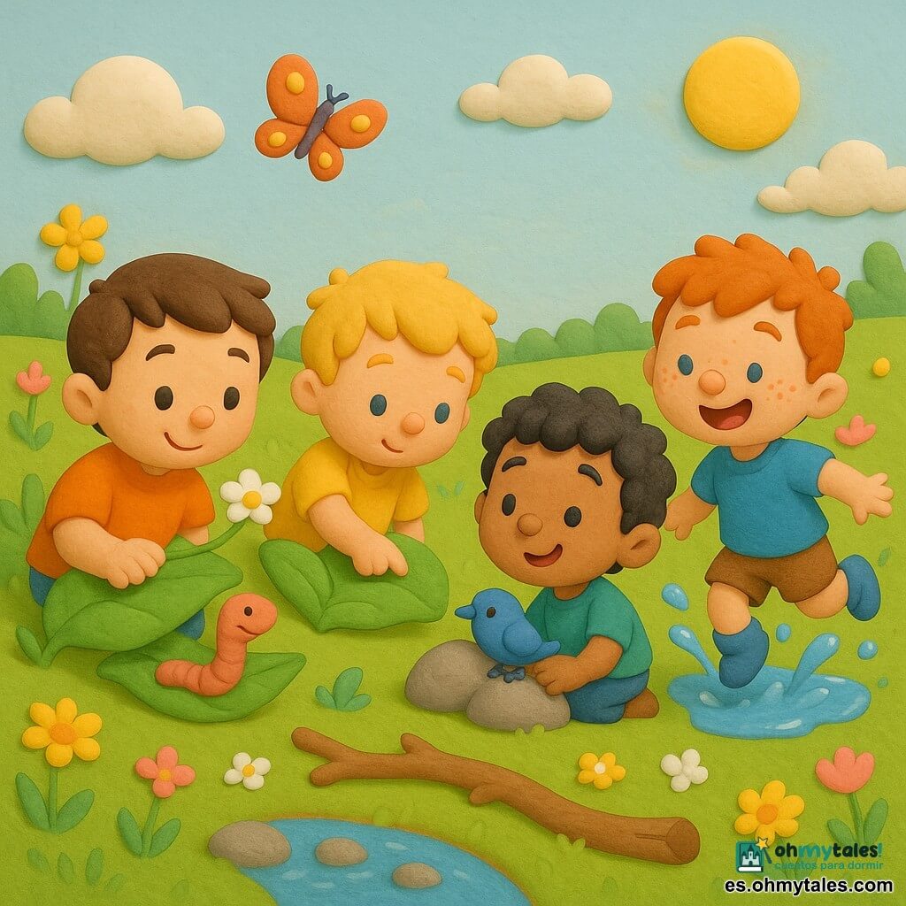 Hay cuatro niños de unos 6 años: Manu (pelo castaño corto) a la izquierda, inclinado hacia los demás mientras sostiene una gran hoja con una marioneta de lombriz y una pequeña flor blanca; Leo (pelo rubio alborotado) junto a él tocando una gran hoja; Nico (pelo negro rizado) al centro-derecha, sonriente como si escuchara un pájaro junto a una pequeña piedra; y Sam (pelo pelirrojo y pecas) a la derecha, saltando en un charco brillante con gotas alrededor. Están en un prado primaveral luminoso con césped corto, flores silvestres, un pequeño arroyo con piedras redondas y una rama caída; un cielo azul pálido con pocas nubes y un sol amarillo. Una mariposa de alas coloridas vuela sobre el grupo; la escena transmite tactilidad, colores saturados, formas redondeadas, iluminación cálida y sombras suaves.