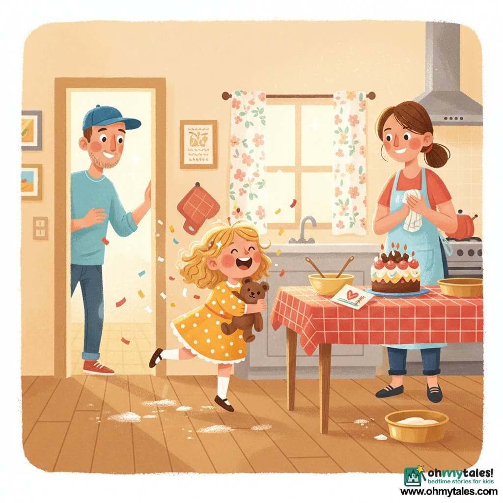 A happy, excited 4-year-old girl with shoulder-length curly blonde hair and rosy cheeks, in a yellow polka-dot dress, holds a brown teddy bear and jumps shouting "Surprise!" toward a wooden table; a woman (mother, ~30–35) with tied brown hair and a flour-stained light blue apron smiles near the oven, wiping her hands; a man (father, ~30–40) wearing a blue cap and light beard looks surprised as he enters the bright, warm kitchen; on the table is a cake with colorful frosting and a handmade card, confetti and paper glitter around—capturing a joyful Father's Day surprise.