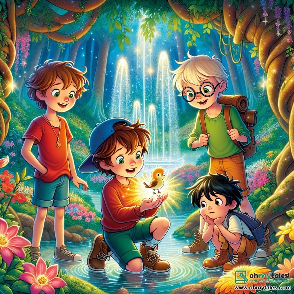 In a beautiful secret garden, four little adventurers stand together. Leo, a six-year-old boy with messy brown hair and a red t-shirt, looks in wonder at a large glowing flower. Next to him, Max, another six-year-old boy with blonde hair and a blue cap, smiles while holding a small injured bird in his hands. Sam, a six-year-old boy with round glasses and a green t-shirt, kneels beside them, observing the little bird with compassion. Finally, Ben, a six-year-old boy with black hair and wearing orange shorts, stands a bit apart, arms crossed, looking thoughtful as he watches the scene. The secret garden is filled with colorful flowers with sparkling petals, large trees with gnarled trunks, and a small stream flowing gently, creating a magical atmosphere. In the center, a sparkling fountain sprays drops of water that shine like diamonds in the sun. The four friends are helping the injured bird, creating a soft nest with leaves and flowers to provide it shelter and love.