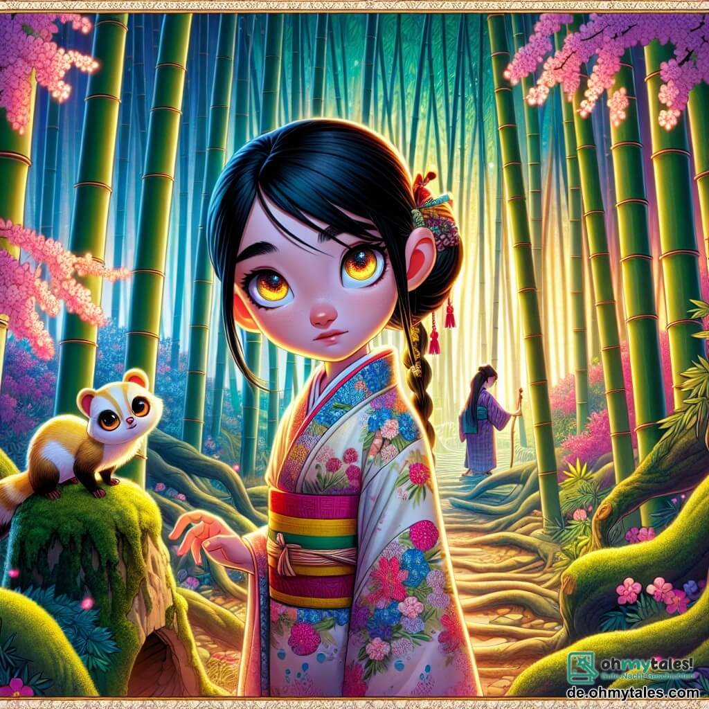 Yukiko, eine junge Frau mit langen schwarzen Haaren und neugierigen Augen, steht im Zentrum eines Bambuswaldes, ihr Gesicht von Entschlossenheit und Staunen geprägt. Sie trägt einen traditionellen Kimono mit zarten Blumenmustern, der sich harmonisch mit den lebhaften Farben der Natur verbindet. Neben ihr sitzt ein kleiner Frettchen mit leuchtenden Augen und goldenem Fell, der sie mit einem schelmischen Blick zu ermutigen scheint. Er sitzt auf einem moosbedeckten Stein, bereit, sie auf ihrem Abenteuer zu begleiten. Die Szene spielt sich in einer geheimnisvollen Bambuslandschaft ab, wo die Bambusstämme hoch in den Himmel ragen und ein Spiel von Schatten und Licht erzeugen. Kirschblüten fallen sanft um sie herum und verleihen der Atmosphäre einen Hauch von Magie. Yukiko steht vor einem schmalen Weg und zögert zwischen drei geheimnisvollen Pfaden, die mit alten Symbolen markiert sind, die jeweils ein anderes Abenteuer versprechen. Die Luft ist voller Geheimnisse und Aufregung, während sie sich darauf vorbereitet, eine entscheidende Wahl zu treffen, um die Harmonie in ihrem Dorf wiederherzustellen.