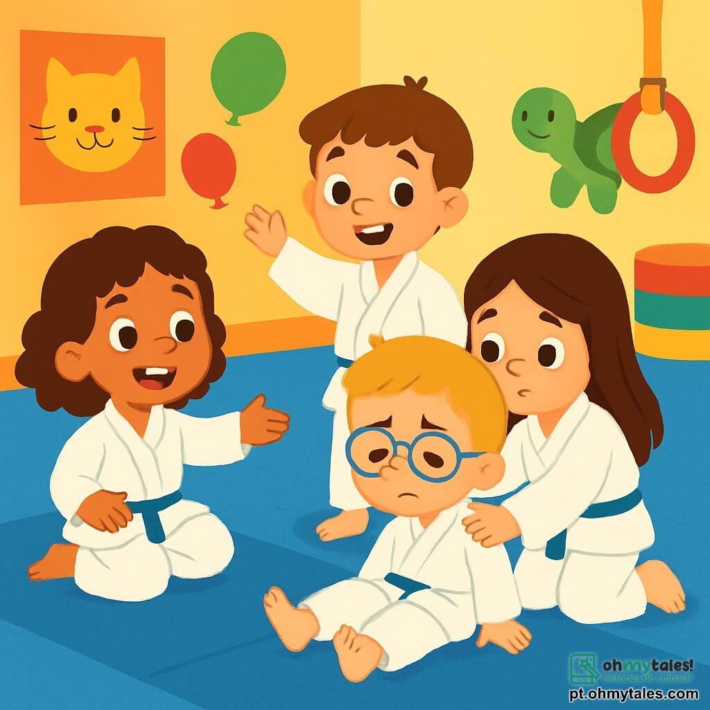 Há 4 crianças: Ana, uma menina de 6 anos com cabelos castanhos e cacheados, vestindo um quimono branco, sorri alegremente e mostra como se sentar no tapete. Tomás, um menino de 6 anos com cabelos loiros e óculos, está se levantando após ter caído; ele parece um pouco triste, mas sorri para os amigos. Sofia, uma menina de 5 anos com cabelos longos e lisos, também veste um quimono branco e está agachada perto de Tomás, com uma expressão preocupada. Lucas, um menino de 5 anos com cabelos castanhos e um grande sorriso, está em pé ao lado de Ana, pronto para ajudar. As crianças estão sobre um grande tapete azul, macio e luminoso, em uma sala de ginástica cheia de cores vibrantes. As paredes são decoradas com desenhos de animais e balões, e há equipamentos esportivos ao redor. A cena principal mostra Ana, Tomás, Sofia e Lucas brincando de judô. Ana ensina Lucas a se sentar, enquanto Tomás, após a queda, recebe um abraço reconfortante de Sofia. Todas as crianças estão sorrindo e felizes, ilustrando o espírito de equipe e amizade.