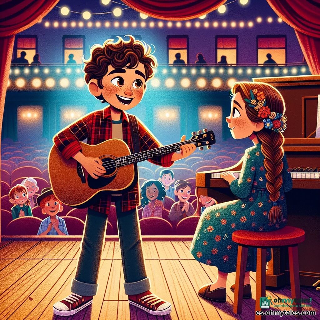 Un joven, Mateo, está de pie en un escenario de madera, con los ojos brillantes de alegría y emoción. Tiene el cabello castaño ligeramente rizado, una camisa de cuadros roja y jeans casuales. Sostiene una guitarra acústica, sus dedos se deslizan con facilidad por las cuerdas, mientras una radiante sonrisa ilumina su rostro. A su lado, Paula, una niña de 12 años, está sentada al piano. Tiene el cabello largo castaño trenzado y lleva un vestido azul con flores. Lo mira con admiración, lista para acompañarlo en la melodía. El lugar es un teatro acogedor, con cortinas rojas de terciopelo y luces centelleantes que iluminan el escenario. Los asientos están llenos de niños y adultos, todos cautivados por la actuación. La situación principal muestra a Mateo y Paula tocando una hermosa melodía juntos, sus rostros brillando de felicidad, mientras el público aplaude con entusiasmo, creando una atmósfera mágica y alegre.
