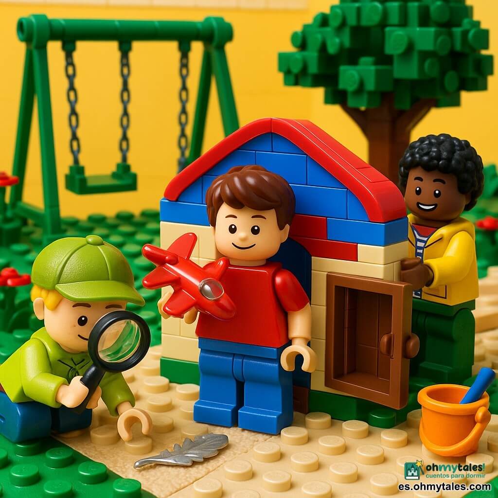 Tres niños de unos 5 años en un parque infantil de ladrillos y arena: al centro un niño de pelo castaño corto con camiseta roja y pantalón azul sostiene un pequeño avión rojo brillante frente a una pequeña puerta cuadrada en la base del tobogán; a la izquierda, un niño rubio con gorra verde de detective y lupa examina una pluma plateada en el suelo; a la derecha, un niño de pelo negro rizado con chaqueta amarilla abre la puerta secreta con ambas manos; escena luminosa y alegre, colores vivos, expresiones felices, enfoque en la puerta abierta y el avión brillante.