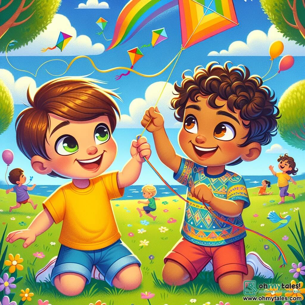 A 4-year-old boy, Leo, with brown hair and sparkling eyes, joyfully smiles while holding a colorful kite in his small hands. He wears a bright yellow t-shirt and blue shorts, standing on the green grass of the park, surrounded by colorful flowers. Next to him is Amir, a 4-year-old boy with curly hair and caramel skin, laughing as he tries to fly his own kite. He wears a colorful patterned shirt and red shorts, leaning slightly forward with enthusiasm. The park is sunny, with majestic trees and a blue sky dotted with white clouds. Children play in the background, and balloons float in the air. The scene shows Leo and Amir having fun together, their kites in the air, symbolizing their friendship and the beauty of diversity.