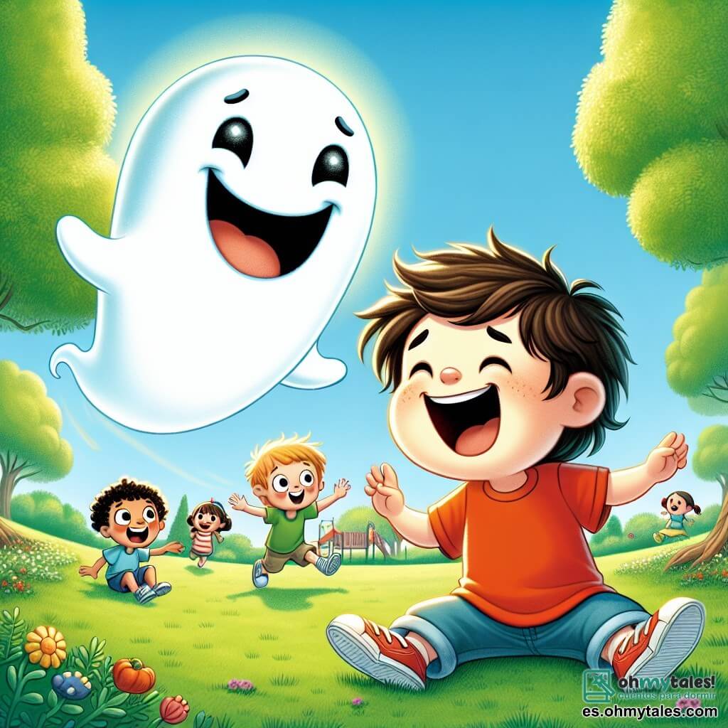 Un pequeño fantasma llamado Gasparín flota alegremente sobre un césped verde, con una gran sonrisa en su rostro translúcido y ojos brillantes de felicidad. Tiene una forma redondeada, con bordes ligeramente ondulados, y una suave luminosidad que lo rodea, creando una atmósfera amigable y cálida. A su lado, un niño llamado Tomás, de unos 8 años, con cabello castaño alborotado y una camiseta roja, ríe a carcajadas levantando los brazos para imitar los movimientos de Gasparín. Está sentado en la hierba, rodeado de sus amigos, todos cautivados por el fantasma. El lugar es un parque soleado, con árboles de hojas verdes brillantes, flores coloridas y un gran área de juegos al fondo. Niños juegan y ríen, mientras un cielo azul claro se extiende sobre ellos. La escena principal muestra a Gasparín y Tomás jugando juntos, el fantasma enseñando a los niños a hacer muecas divertidas, mientras los otros niños los miran con sonrisas asombradas, creando una escena alegre y llena de vida.