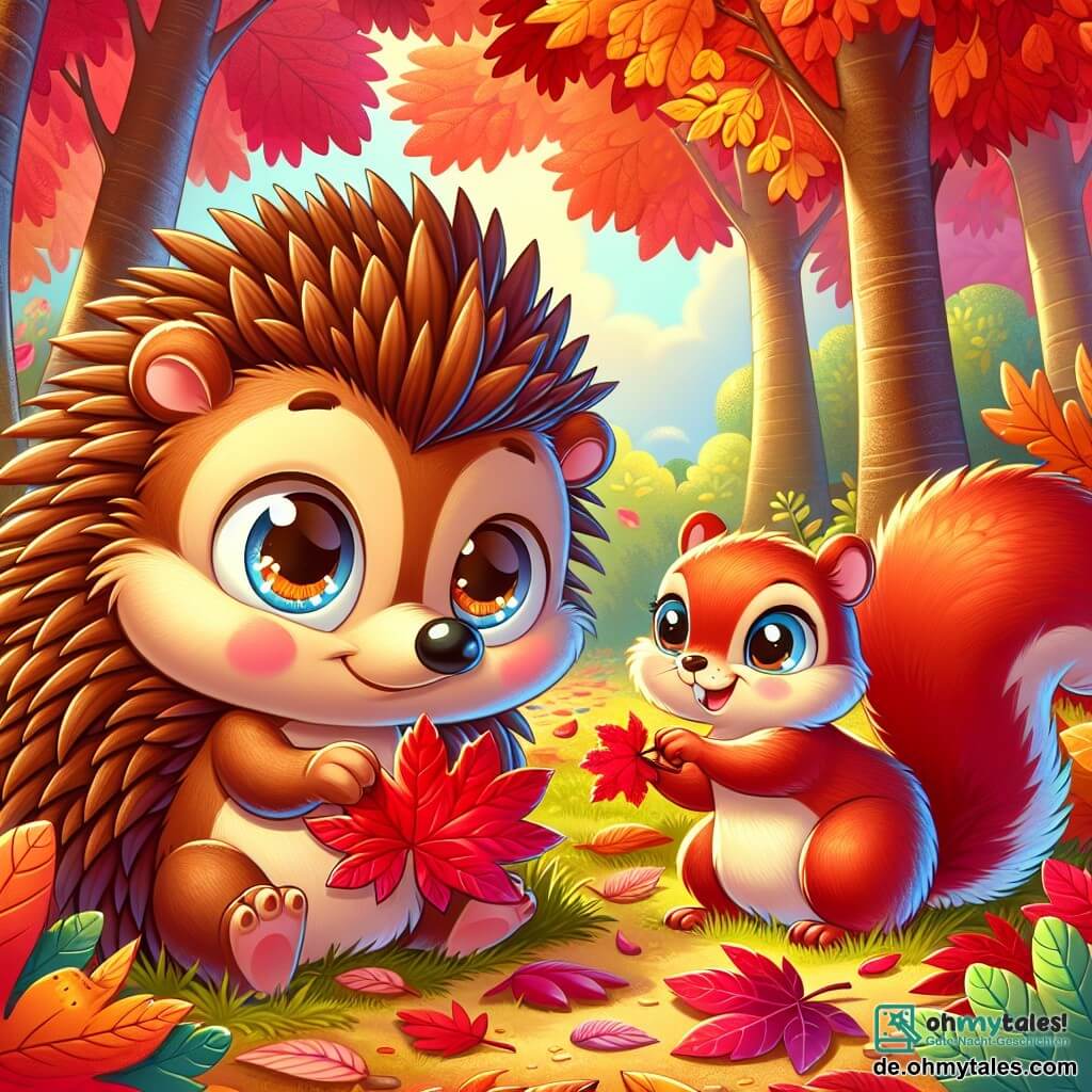 Ein kleiner Igel mit braunen Stacheln und neugierigen, funkelnden Augen, der fröhlich lächelt, sammelt bunte Blätter in einem herbstlichen Garten. Neben ihm springt ein kleines Eichhörnchen mit rötlichem Fell und strahlenden Augen aufgeregt umher und hält ein schönes rotes Blatt in seinen Pfoten. Der Garten ist voller großer Bäume mit leuchtenden Blättern in Rot-, Orange- und Gelbtönen, und der Boden ist mit einem weichen Teppich aus gefallenen Blättern bedeckt. Die Szene zeigt die beiden Freunde, die Blätter sammeln, um ihre Nester zu bauen, umgeben von der strahlenden Magie des Herbstes.