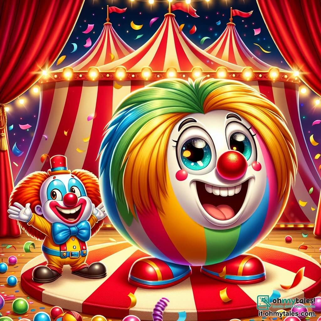 Al centro dell'immagine, Palla, una piccola palla di clown rotonda e colorata, con un grande sorriso e occhi scintillanti, salta gioiosamente su un tappeto da circo rosso e dorato, circondata da coriandoli colorati. Accanto a lei, Mimo, un clown malizioso con un naso rosso e capelli arruffati, ride a crepapelle, con le braccia alzate in aria, come se applaudisse l'entusiasmo di Palla. Sullo sfondo, il grande tendone del Circo dei Sogni si erge maestosamente, con strisce rosse e bianche, e luci scintillanti che illuminano la scena. La situazione principale mostra Palla e Mimo che scoprono con meraviglia un mucchio di nasi di clown rossi che rotolano attorno a loro, creando un'atmosfera gioiosa e festosa, piena di magia e amicizia.