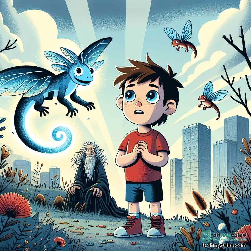 Un ragazzo di 6 anni, di nome Luca, con i capelli castani in disordine e occhi pieni di curiosità, si trova al centro dell'immagine. Indossa una maglietta rossa e un pantaloncino blu, e il suo viso esprime meraviglia mentre guarda una piccola lucertola blu con ali scintillanti, di nome Lila, che vola intorno a lui. Lila, una creatura magica, ha ali traslucide e occhi luminosi, fluttuando gioiosamente nell'aria. Sullo sfondo, un mago triste, con una lunga barba grigia e un mantello nero, è leggermente accovacciato, osservando la scena con uno sguardo malinconico. È seduto su una pietra, circondato da nuvole grigie che sembrano schiarirsi lentamente. Il luogo è un parco urbano, un tempo vibrante, ma ora oscurato da alberi con foglie opache e fiori appassiti. Edifici moderni si ergono sullo sfondo, mentre raggi di sole iniziano a penetrare tra le nuvole, illuminando il parco con una luce dorata. La scena principale mostra Luca che tende la mano verso Lila, che brilla di una luce magica, mentre cercano di ridare vita agli alberi tristi del parco, con il mago triste sullo sfondo, pronto a ritrovare la gioia.