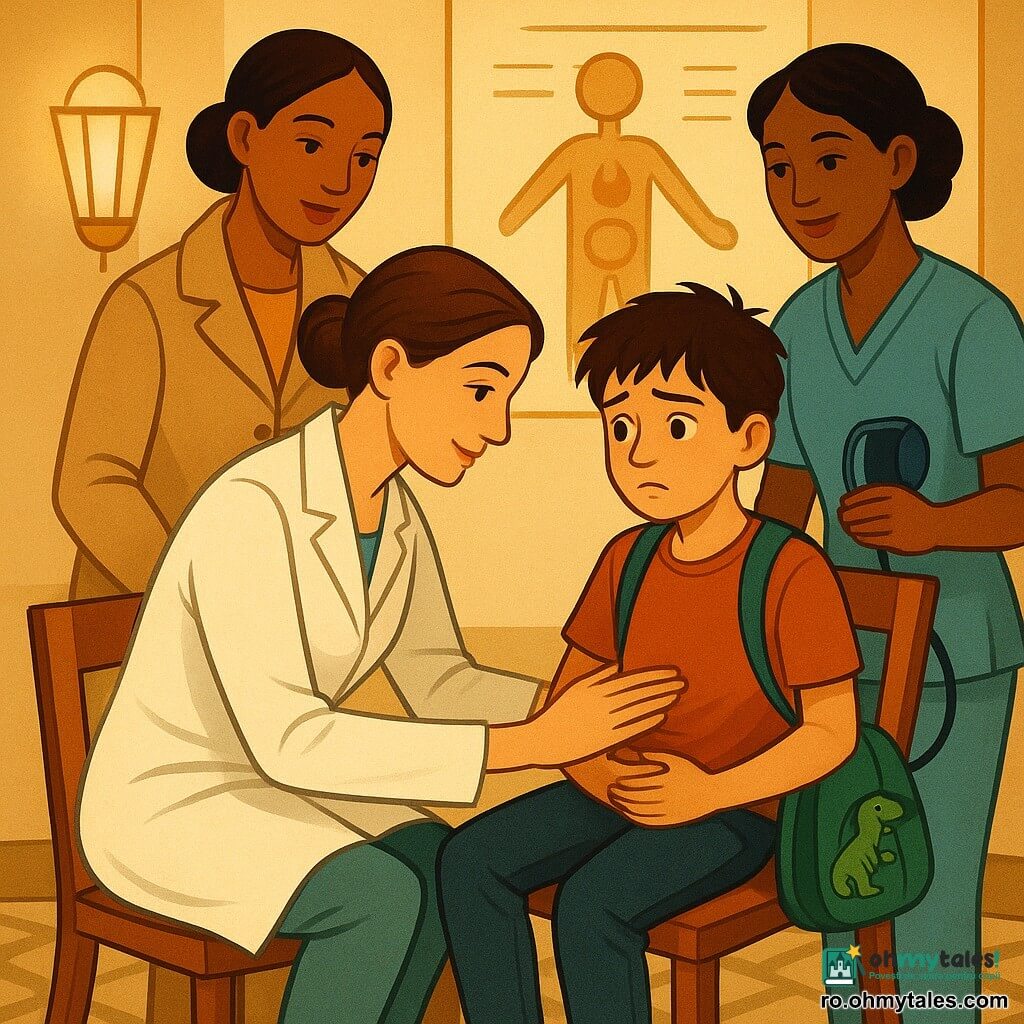O tânără doctoriță zâmbitoare dar concentrată, părul șaten prins în coc, în halat alb, se apleacă pentru a examina un băiat de circa 10 ani cu părul castaniu zburlit și privire îngrijorată, ținând un rucsac verde cu un dino brodat; el stă pe un scaun cu mâna pe partea inferioară dreaptă a abdomenului, palid dar curajos; mama stă în picioare în spate, mâna pe umărul fiului, cu aspect îngrijorat dar încrezător; o asistentă tânără zâmbitoare, în halat albastru și cu un tensiometru, este ușor retrasă în dreapta; loc: mică sală de triaj calmă, lumină caldă, pereți crem și un afiș mare stilizat, o masă cu carnet deschis și termometru; situație: consultație liniștitoare în care doctorița palpează ușor pentru a localiza durerea, echipa formează un cerc protector, atmosferă blândă și sigură, compoziția centrată pe gesturi și priviri.
