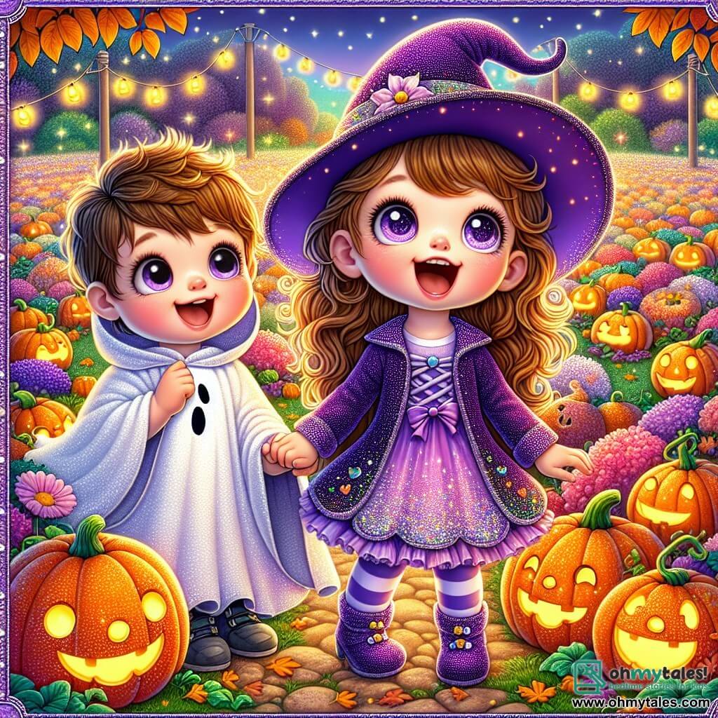 A 4-year-old girl named Lily, with big bright eyes and curly brown hair, smiles in wonder while holding her friend's hand. She is wearing a purple witch costume with a pointed hat and a glittery skirt. Next to her, Ben, a 5-year-old boy, is dressed as a ghost in a white sheet decorated with glitter and a big friendly smile. They stand in front of a beautiful field of illuminated pumpkins, where the lights sparkle like stars on Halloween night. The place is filled with pumpkins with funny faces, surrounded by colorful autumn leaves, creating a magical and joyful atmosphere. In this scene, Lily and Ben discover the patch of magical pumpkins, amazed by the beauty and magic of Halloween night.
