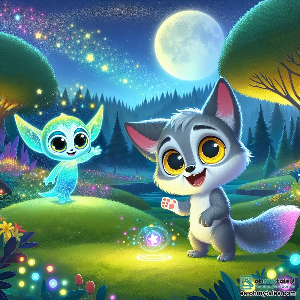 Un pequeño lobo llamado Luno, con un pelaje suave y gris que brilla bajo la luz de la luna, se encuentra en la cima de una colina verde. Sus grandes ojos amarillos brillan de emoción y curiosidad mientras observa un holograma colorido proyectado frente a él. A su lado, un extraterrestre llamado Zylor, con un cuerpo azul brillante y ojos grandes y sabios, sonríe alegremente mientras manipula un pequeño dispositivo que emite luces centelleantes. El paisaje a su alrededor es una hermosa clara del bosque de Lobería, con árboles majestuosos, flores coloridas que bailan al viento y un cielo estrellado que ilumina la escena. Luno y Zylor comparten un momento mágico, rodeados de luces multicolores y estrellas brillantes, creando una atmósfera de fiesta y descubrimiento.