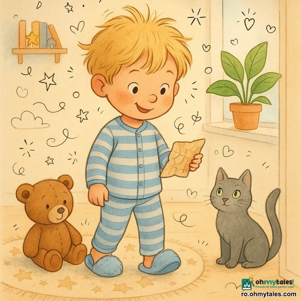 Luca, băiat de 4 ani, zâmbitor și curios, păr blond zburlit, în pijama cu dungi albastre și papuci pufoși, ține o hârtiuță mototolită și privește în jos ca la început de aventură; lângă el stă ursulețul de pluș Puf, maro și cusut, pe covorul cu stele dintr-o cameră de copii luminoasă cu pereți pastel, rafturi cu cărți și jucării și o fereastră cu lumină blândă de dimineață; pe pervaz se află plantei Frunză cu frunze lucioase, iar lângă ușă e pisica gri Miau cu coada ridicată; scena surprinde momentul în care Luca descoperă harta într-o șosetă și își adună tovarășii pentru o mică explorare imaginară, atmosferă caldă și jucăușă.