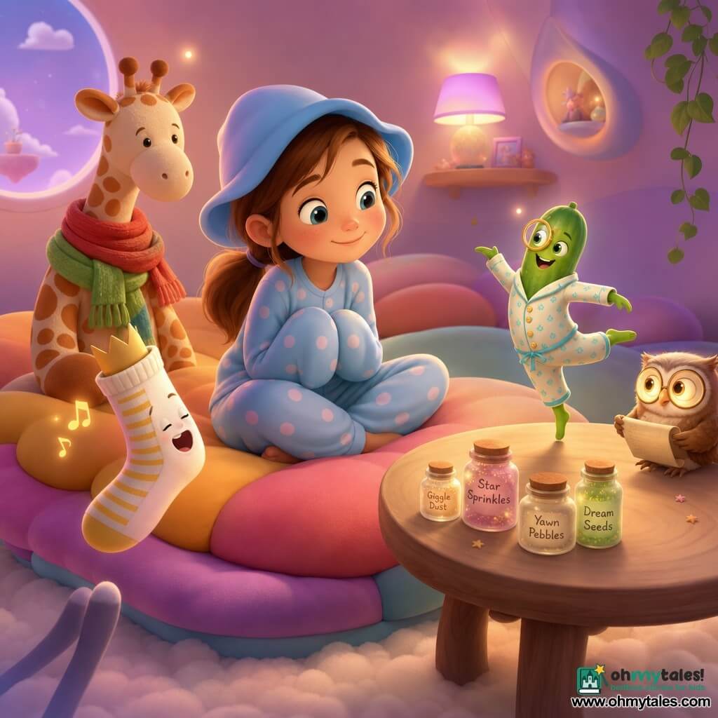 An 8-year-old girl, Maya, smiling and serene with bright eyes, rosy cheeks and a chestnut ponytail, wears a sky-blue floppy hat and polka-dot pajamas and sits cross-legged on a floating cushion with her hands tucked into her sleeves like "turtle flippers" showing the "calm turtle smile"; beside her floats a singing sock (non-human), white with yellow stripes and a paper crown, its shadow-feet just at the cushion's edge; a vivid green pickle in pajamas with a round glass monocle twirls on the central table admiring Maya; Mr. Noodle, a cream-and-orange plush giraffe wearing red and green wool scarves, sits behind her on the cushion raft observing peacefully; a tiny owl with glowing glasses perches on the table holding a small scroll and looks kindly at the girl; the room is a pillow-island—beige cloud rug, multicolored floating cushions, a light wood round table with labeled jars and a soft pink-violet lamp halo—showing a nighttime gathering of snacks and toys practicing relaxation: cozy wool and velvet textures, smiling animated objects, slow calm movements, pastel tones with bright yellow and green accents.