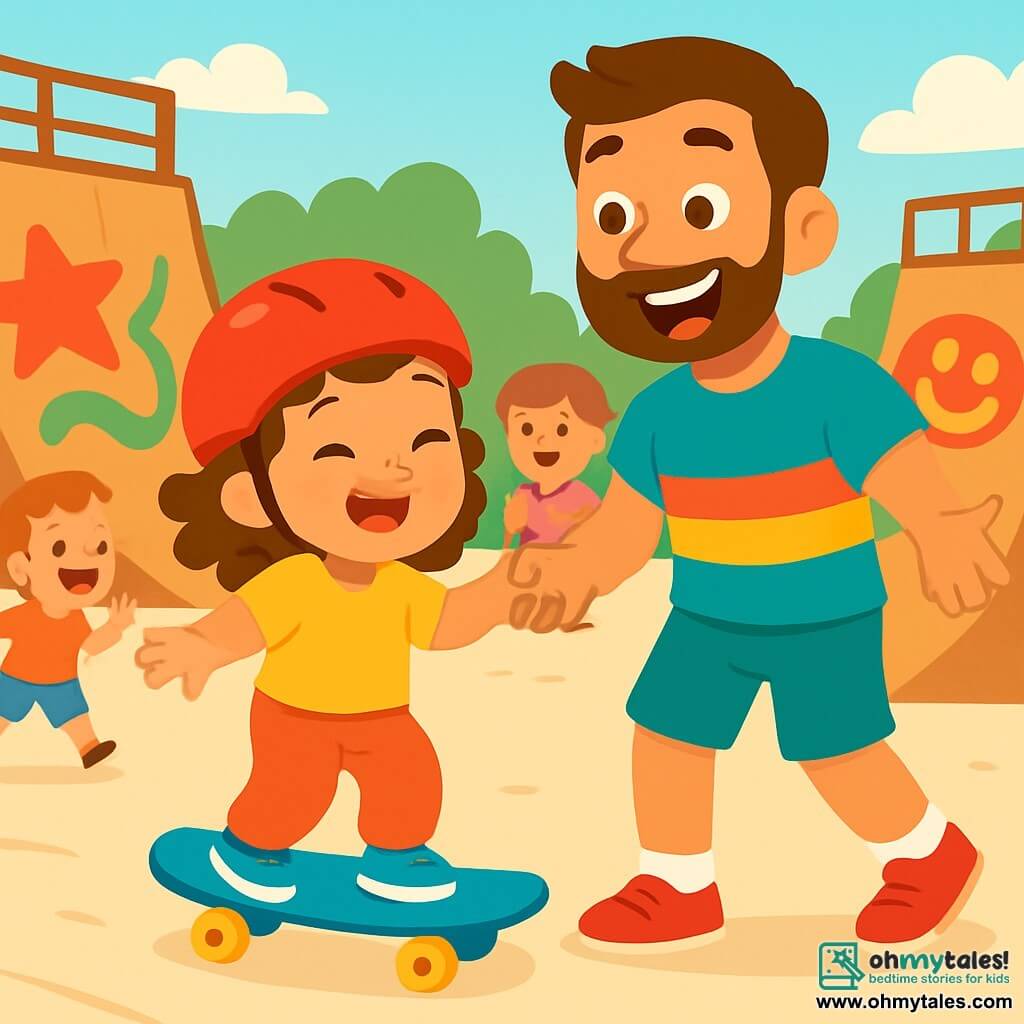 A 2-year-old girl, Mia, wears a shiny red helmet and a joyful smile. She stands on a bright blue skateboard, her curly hair blowing in the wind, her eyes sparkling with excitement. Next to her, Coach Sam, a man in his thirties with a tall stature and a colorful t-shirt, encourages her with a big smile and open arms. They are in a lively skate park filled with wooden ramps and colorful graffiti on the walls. Children laugh and play around them, creating a joyful and dynamic atmosphere. Mia glides gently on her skateboard, holding Coach Sam's hand, ready to try new tricks, surrounded by laughter and applause.