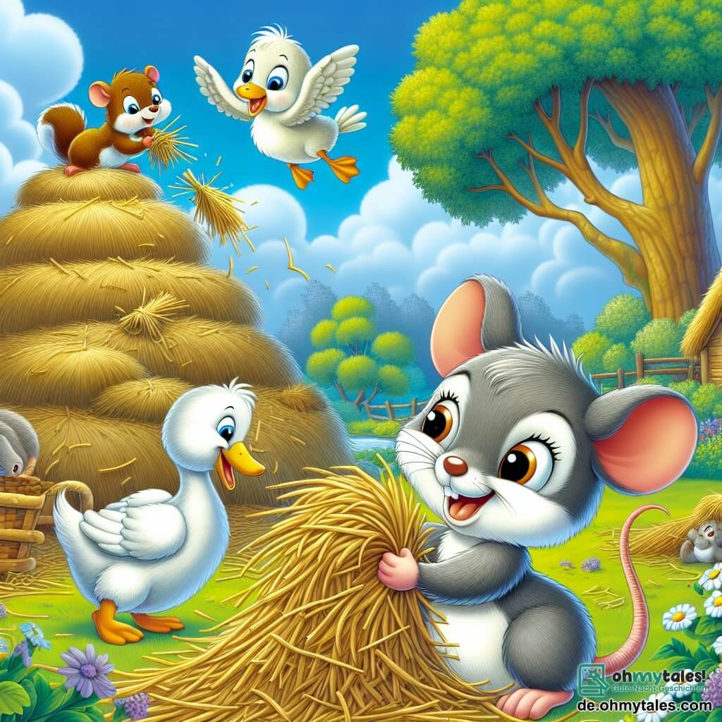 Eine kleine Maus namens Mimmi, mit weichem grauem Fell und großen neugierigen Augen, steht im Mittelpunkt des Bildes, lächelnd und voller Energie, während sie Halme von Heu sammelt, um einen kleinen Haufen zu bauen. Neben ihr spielt ein schelmisches Eichhörnchen namens Max, mit hellbraunem Fell und buschigem Schwanz, das Heu-Stücke stapelt und über die Situation lacht. Etwas weiter entfernt versucht ein fröhlicher Kranich namens Emma, mit weißen Federn und einem leuchtend gelben Schnabel, Halme von Heu zu fangen, die vom Wind weggeweht werden. Die Szenerie ist ein charmantes Tierdorf, mit einem großen Baum in der Mitte, bunten Blumen am Wegesrand und einem blauen Himmel, der mit fluffigen Wolken gesprenkelt ist. Die Szene spielt auf einer grünen Wiese, wo die Tiere an einem unterhaltsamen Heuhaufen-Bau-Wettbewerb teilnehmen, umgeben von Lachen und Freude. Mimmi, voller Begeisterung, hilft ihren Freunden und hat Spaß, was den Teamgeist und die Freundschaft in diesem spielerischen Wettbewerb zeigt.
