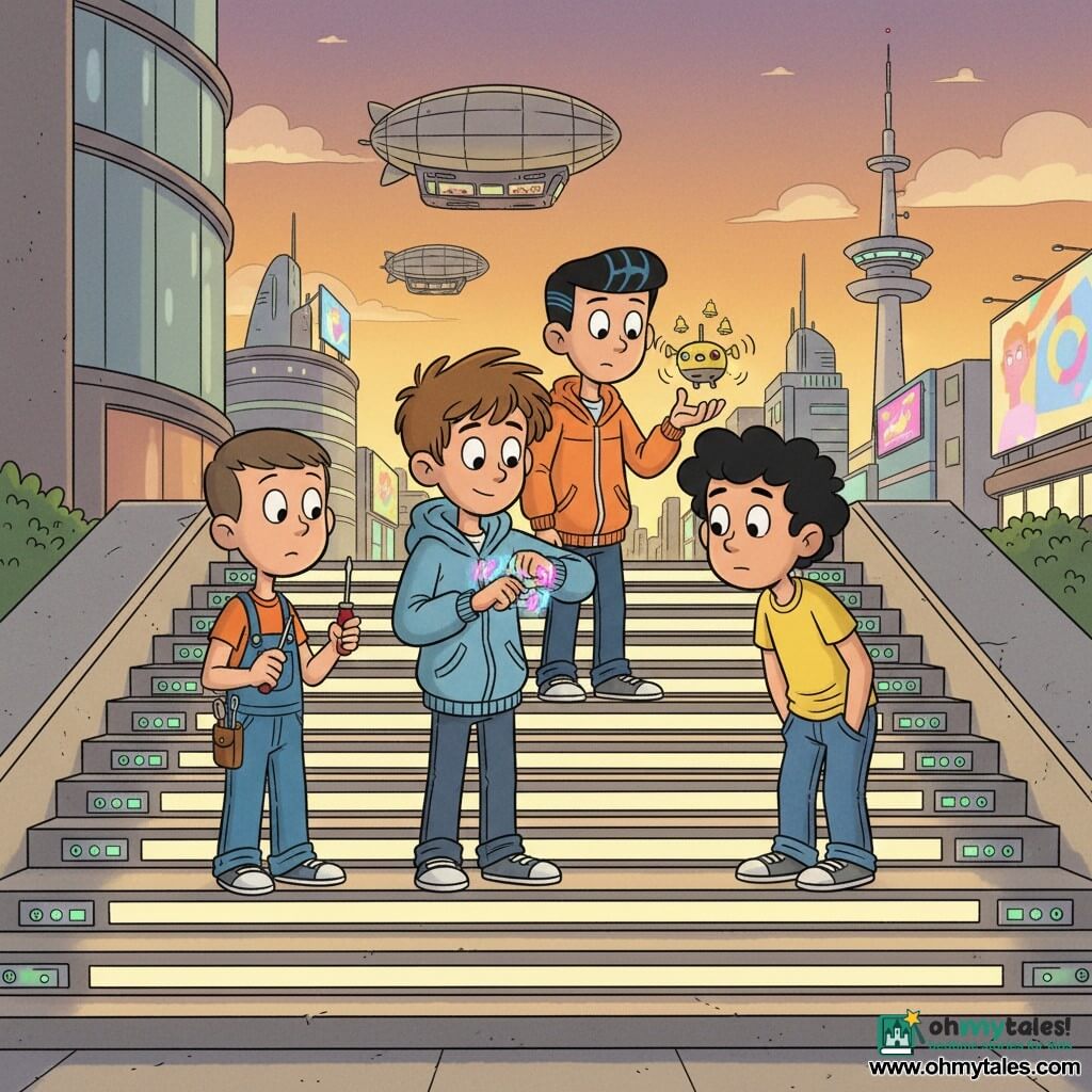 Four 11-year-old boys stand on the illuminated Recharge Steps: Milo (messy brown hair, light blue hooded jacket) at center-left watches a pulsing blue-and-pink bracelet; Theo (curly black hair, yellow T-shirt) stands just right of Milo, hands in pockets, leaning forward curious; Jax (fair skin, short cut, wearing overalls with a small toolkit) stands left of Milo holding a screwdriver like a detective; Rami (slicked black hair, orange jacket) is slightly behind with a small vibrating yellow drone named Saffron ringing tiny chimes above his palm. The broad polished concrete steps glow in soft bands with silver charging ports and integrated solar panels; a futuristic city skyline with curved glass buildings, floating trams, garden airships and a tall antenna-covered tower fills the background with colorful holographic ads. The children listen to a soft repeating signal, faces full of wonder and concentration as dusk’s golden light mixes with neon; warm, mysterious retro-cartoon style with rounded shapes, fluid lines and vivid light contrasts.