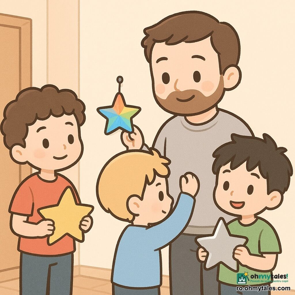 Există 4 personaje: - Un băiat de 10 ani, Matei, cu păr șaten și creț, purtând un tricou roșu, stă în stânga, ținând o stea din carton pictat. - Un băiat de 9 ani, Luca, cu păr blond și scurt, îmbrăcat într-un pulover albastru, este în centru, agățând o stea din plastic colorat pe un cui mare. - Un băiat de 8 ani, Doru, cu păr negru și ciufulit, purtând o cămașă verde, stă în dreapta, întinzând o stea din metal strălucitor. - Un bărbat, tatăl, cu păr șaten și barbă scurtă, îmbrăcat într-un pulover gri, stă în fundal, zâmbind emoționat. Locul este un hol de apartament călduros, cu pereți crem și un podea din lemn deschis. Un cui mare este bătut în perete, servind ca suport pentru stele. O lumină blândă luminează scena, creând o atmosferă caldă și veselă. Situația principală arată cei trei băieți oferindu-i tatălui lor stelele făcute de mână pentru ziua tatălui. Stelele strălucesc în culori vii și variate, simbolizând dragostea și recunoștința lor. Tatăl, vizibil emoționat, își privește copiii cu un zâmbet radiant, în timp ce băieții sunt concentrați și mândri de surpriza lor.
