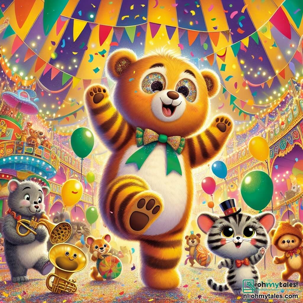 Ollie, een zachte en ronde teddybeer met een grote blije glimlach en sprankelende ogen, danst midden in een kleurrijk carnaval, omringd door multicolore confetti die uit de lucht valt. Kiki, een kleine kat met oranje en witte gestreepte vacht, draagt glanzende schoenen en springt van blijdschap met haar pootjes omhoog, met een verwonderd gezicht, naast Ollie. Max, een grijze muis met grote oren en een kleine trompet, speelt muziek lachend, iets op de achtergrond, dicht bij een grote kartonnen trompet. De locatie is een grote carnavaltent versierd met lichtslingers, met zwevende ballonnen en felle kleuren die de feestelijke sfeer verlichten. De hoofdscène toont Ollie en zijn vrienden die samen plezier hebben, dansen en lachen, terwijl een glinsterende draak hen vrolijk observeert, wat een magische toets aan deze feestelijke scène toevoegt.