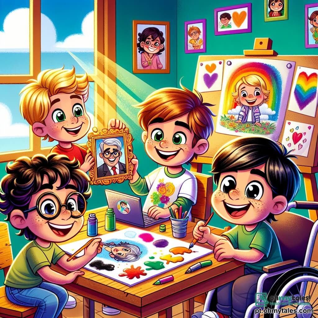 Em uma sala de aula colorida, quatro meninos estão reunidos em torno de uma grande mesa de madeira. João, um menino de 8 anos com cabelos cacheados e óculos redondos, sorri entusiasticamente segurando uma velha foto. Pedro, um menino de 9 anos com cabelos loiros e olhos brilhantes, pinta uma linda moldura de madeira com cores vivas, com respingos de tinta em sua camiseta. Lucas, um menino de 8 anos com cabelos castanhos e um grande sorriso, escreve alegremente em um grande papel com canetas coloridas, cercado por desenhos de corações e estrelas. Tomás, um menino de 9 anos com cabelos negros e lisos, está sentado em sua cadeira de rodas, concentrado em um laptop, onde restaura a foto com cuidado. A sala de aula é decorada com desenhos de crianças pendurados nas paredes, com janelas que deixam entrar a luz do sol, iluminando o espaço com cores alegres. Os meninos trabalham juntos com entusiasmo para preparar um presente surpresa para o Dia dos Pais, cada um contribuindo com seu toque pessoal a este momento de criatividade e amizade.