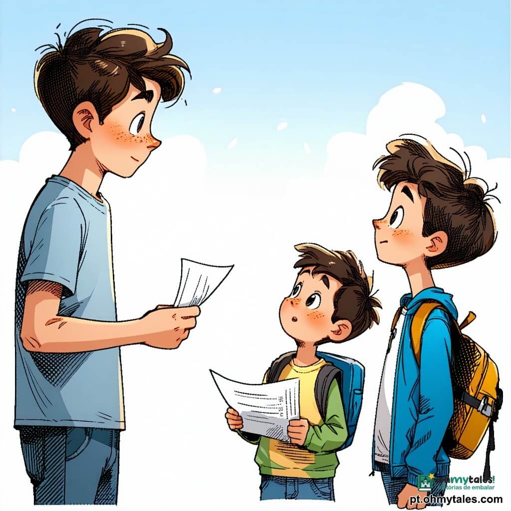 Quatro meninos de 11 anos formam um pequeno círculo em um corredor/pátio escolar ao crepúsculo: um de cabelo castanho curto e frisado, camiseta azul-claro e jeans, segura um papel dobrado na mão direita e olha para os outros, ligeiramente centro-esquerda; um loiro cortado em escova, jaqueta verde-clara, espantado, à esquerda e inclinado para o primeiro; um de cabelo preto liso, óculos redondos e moletom vermelho, aproxima o papel do nariz com expressão maliciosa, à direita e um pouco atrás; um de cabelo castanho-claro, boné virado para trás e camiseta listrada amarela e branca, sorri cumplicemente, à direita na extremidade com os braços cruzados. O chão é de azulejos bege levemente gastos, há armários verdes à esquerda, uma janela aberta com cortina branca esvoaçante mostrando um céu alaranjado-rosado e uma porta de sala com luz suave; o papel dobrado com caligrafia visível é o centro da cena, que transmite curiosidade, ternura e cumplicidade, como o começo de uma pequena missão de gentileza.
