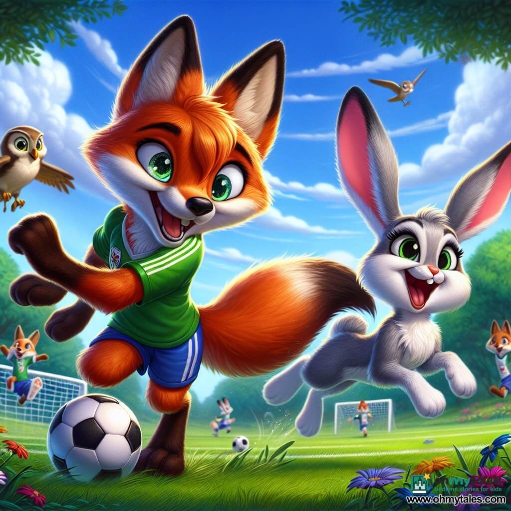A young fox with sparkling eyes and bright red fur, Felix, enthusiastically runs on a green soccer field, his expression full of joy and determination. He dribbles a small black and white soccer ball, his bushy tail swaying behind him. Nearby, Bella, a small rabbit with big ears and white fur, jumps excitedly with a radiant smile on her face, ready to receive a pass. Oliver, a wise brown owl, perches on a tree branch, watching the game with a focused and encouraging look. The field is surrounded by tall trees with vibrant green leaves, and the sky is a bright blue dotted with fluffy white clouds. Colorful flowers line the field, adding a touch of magic to the scene. Felix is about to pass the ball to Bella, while Oliver cheers them on from his perch, creating an atmosphere of excitement and camaraderie.