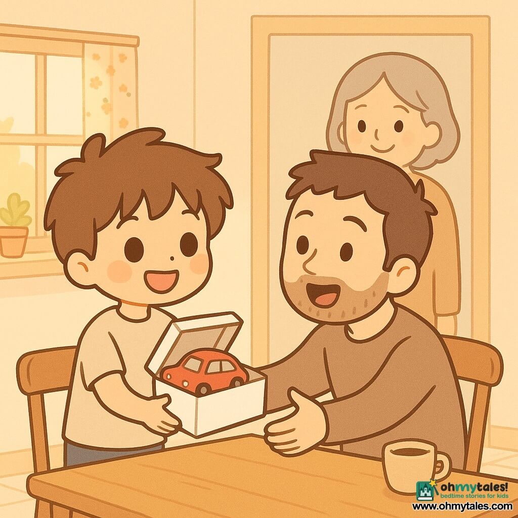 A 10-year-old boy with a round face, tousled chestnut hair and bright eyes, radiant proud expression, holds a small white gift box with a restored little red toy car inside, standing by a wooden table; an adult man (father, ~35–40) with light short beard and brown hair, surprised and moved, has just opened the box and reaches to embrace the boy while seated on a kitchen chair; a woman (mother ~35–40 or grandmother ~60) with gray hair tied or light brown hair, soft smile, stands in the background by the doorway with an affectionate look; a sunny warm kitchen with golden morning light through a small window with a floral curtain, a light wood table with a steaming coffee cup, light tiled floor and potted plants on the sill; a tender, bright moment of the boy giving the restored red toy car for Father's Day, shared smiles and a cozy family hug.