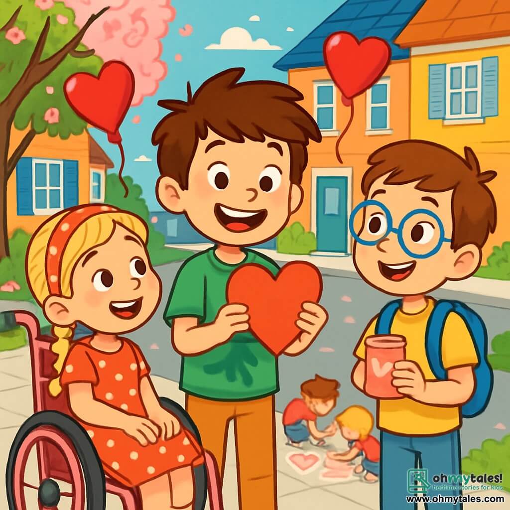 There are 3 characters: - Max: an 8-year-old boy with messy brown hair, wearing a green t-shirt with a dinosaur and a big smile, standing in the center holding a red heart-shaped card. - Lily: a 7-year-old girl with braided blonde hair, sitting in a cute pink wheelchair, wearing a red polka dot dress and a matching headband, joyfully smiling at Max. - Jake: an 8-year-old boy with brown hair and round glasses, standing next to Max, holding a small heart-shaped candy bag, looking curious and enthusiastic. The setting is a busy street in a residential neighborhood, with colorful houses featuring blue and yellow shutters, flowering trees with gently falling pink petals, and children drawing hearts with chalk on the sidewalk. Heart-shaped balloons float in the air, adding a festive atmosphere. The main scene shows Max, Lily, and Jake excitedly discussing and searching for clues about the mysterious valentine, surrounded by Valentine's decorations and children's laughter.