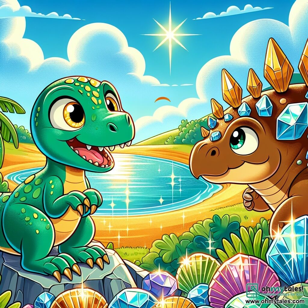 A velociraptor with emerald green scales, sparkling yellow eyes full of curiosity, and a joyful smile stands on a rock overlooking a beautiful shimmering pond. Next to it, a stegosaurus with a back covered in brown spiky plates, wearing a crown made of shiny seashells, gazes in wonder at the landscape. The sky is a bright blue, dotted with fluffy clouds, while the golden sand of the dunes sparkles in the sun. The scene exudes an atmosphere of adventure and friendship as the velociraptor and stegosaurus explore their hidden treasure together, surrounded by colorful seashells and sparkling crystals illuminating the cave.