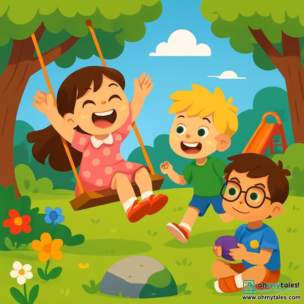 There are three characters: Lucy, a 7-year-old girl with long brown hair and sparkling eyes, wearing a pink polka dot dress, joyfully laughing with her arms raised on a swing; Max, a 7-year-old boy with messy blonde hair and freckles, wearing a green t-shirt and blue shorts, running towards Lucy with a big smile, ready to join her; and Sam, an 8-year-old boy with brown hair and glasses, slightly tanned skin, wearing a blue t-shirt with stars, sitting on the grass holding a pretty purple stone, looking happily at his friends. The scene takes place in a sunny park filled with tall trees with bright green leaves, colorful flowers, and a lively playground. The deep blue sky is dotted with fluffy white clouds, and the ground is covered with lush grass where the children play. The main situation shows the three friends playing together, laughing and encouraging each other during a treasure hunt. Lucy and Max are running towards a large moss-covered rock, while Sam, sitting on the grass, smiles while holding a shiny stone. The atmosphere is joyful and friendly, illustrating the importance of inclusion and friendship.
