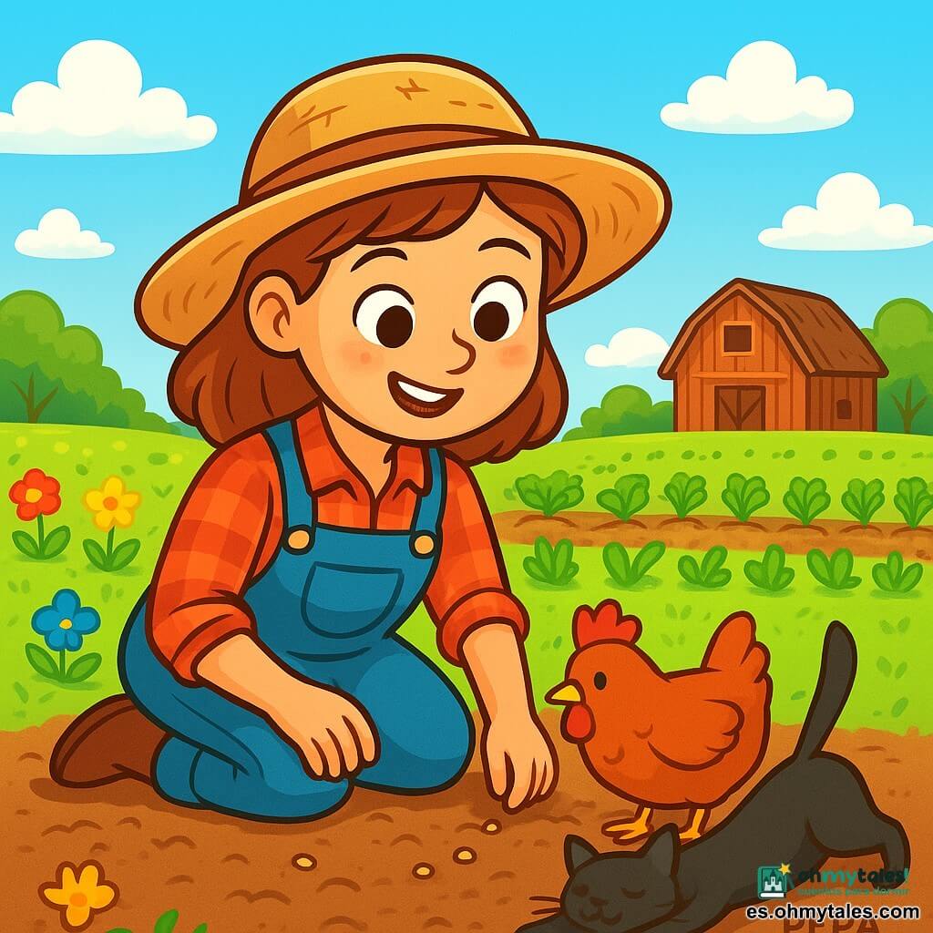 Una agricultora sonriente, Elena, de unos 30 años, lleva un sombrero de paja y una camisa de cuadros. Sus ojos brillan de emoción mientras planta semillas en un suelo marrón y fértil. A su lado, una pequeña gallina roja llamada Pepa picotea el suelo, curiosa y traviesa, mientras un gato negro, con pelaje brillante, se estira perezosamente al sol, observando la escena con una mirada divertida. El lugar es un vasto campo verde, salpicado de flores coloridas y hileras de verduras que se extienden hasta donde alcanza la vista. Al fondo, un cielo azul claro está salpicado de nubes blancas y esponjosas, y un viejo granero de madera se erige orgulloso, rodeado de árboles frondosos. La situación principal muestra a Elena sembrando semillas con cuidado, con las manos en la tierra, mientras Pepa se acerca para ver qué hace. La imagen transmite una atmósfera alegre y pacífica, ilustrando la conexión entre la agricultora, la naturaleza y los animales de la granja.