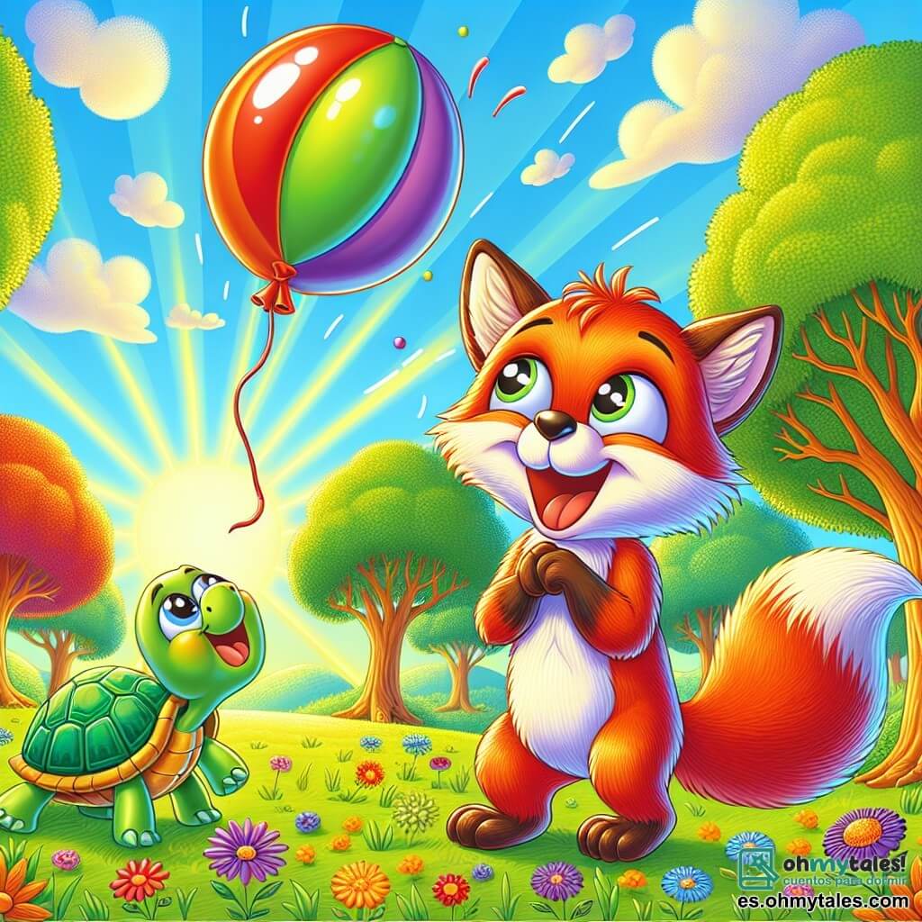 Un pequeño zorro de pelaje rojo brillante y ojos traviesos, con una gran cola esponjosa, se encuentra en el centro de la imagen, riendo a carcajadas con un globo colorido flotando sobre su cabeza. A su derecha, una tortuga de caparazón verde y brillante, con una sonrisa alegre en su rostro, mira al zorro con ojos chispeantes de diversión, apoyada en sus patas traseras, lista para estallar en risa. El escenario es un hermoso bosque soleado, lleno de árboles majestuosos con hojas de un verde vibrante, y flores coloridas que salpican el suelo. Rayos de sol filtran a través de las ramas, creando patrones luminosos en el suelo. La situación principal muestra al zorro que, después de soltar su globo, se encuentra con el globo desinflado sobre la cabeza, provocando un momento de sorpresa y risa compartida con su amiga tortuga.