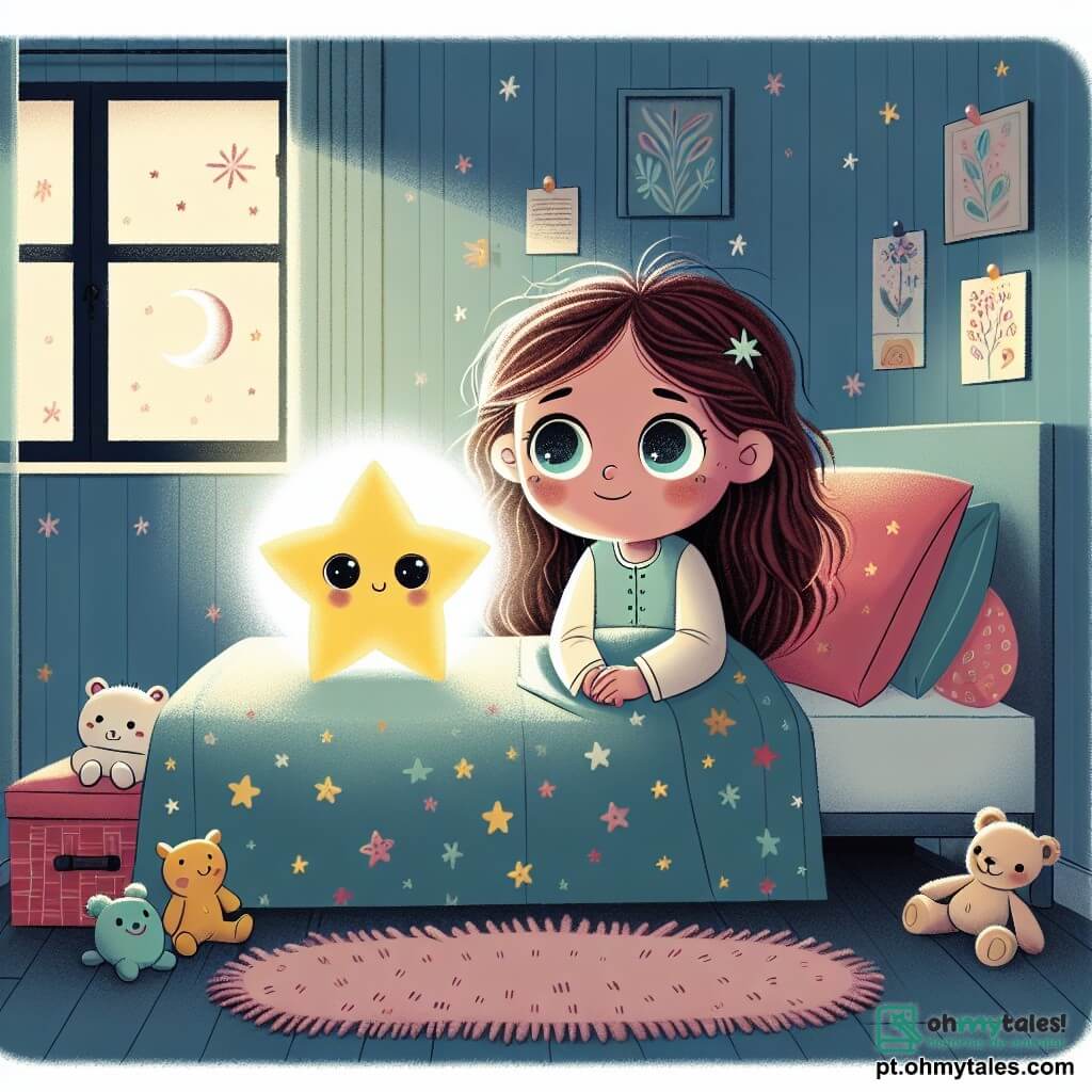Uma menina de 6 anos, Sofia, com longos cabelos castanhos e olhos brilhantes, está sentada em sua cama, cercada por pelúcias coloridas. Ela tem um sorriso tímido, mas curioso, olhando para uma pequena estrela brilhante, Estelinha, que flutua ao seu lado. Estelinha é uma estrela cintilante, com olhos suaves e um rosto amigável, iluminando o quarto com uma luz suave e acolhedora. Na sala, a luz do corredor filtra pela porta entreaberta, criando sombras suaves nas paredes. As paredes do quarto são pintadas de azul claro, decoradas com desenhos de estrelas e nuvens, e um tapete macio está estendido no chão. A cena principal mostra Sofia, um pouco nervosa, mas deslumbrada, ouvindo Estelinha, que fala com uma voz suave, mostrando que não há nada a temer na escuridão. A cena transmite uma atmosfera mágica e reconfortante, ilustrando o momento em que Sofia começa a superar seu medo do escuro graças à amizade da estrela.