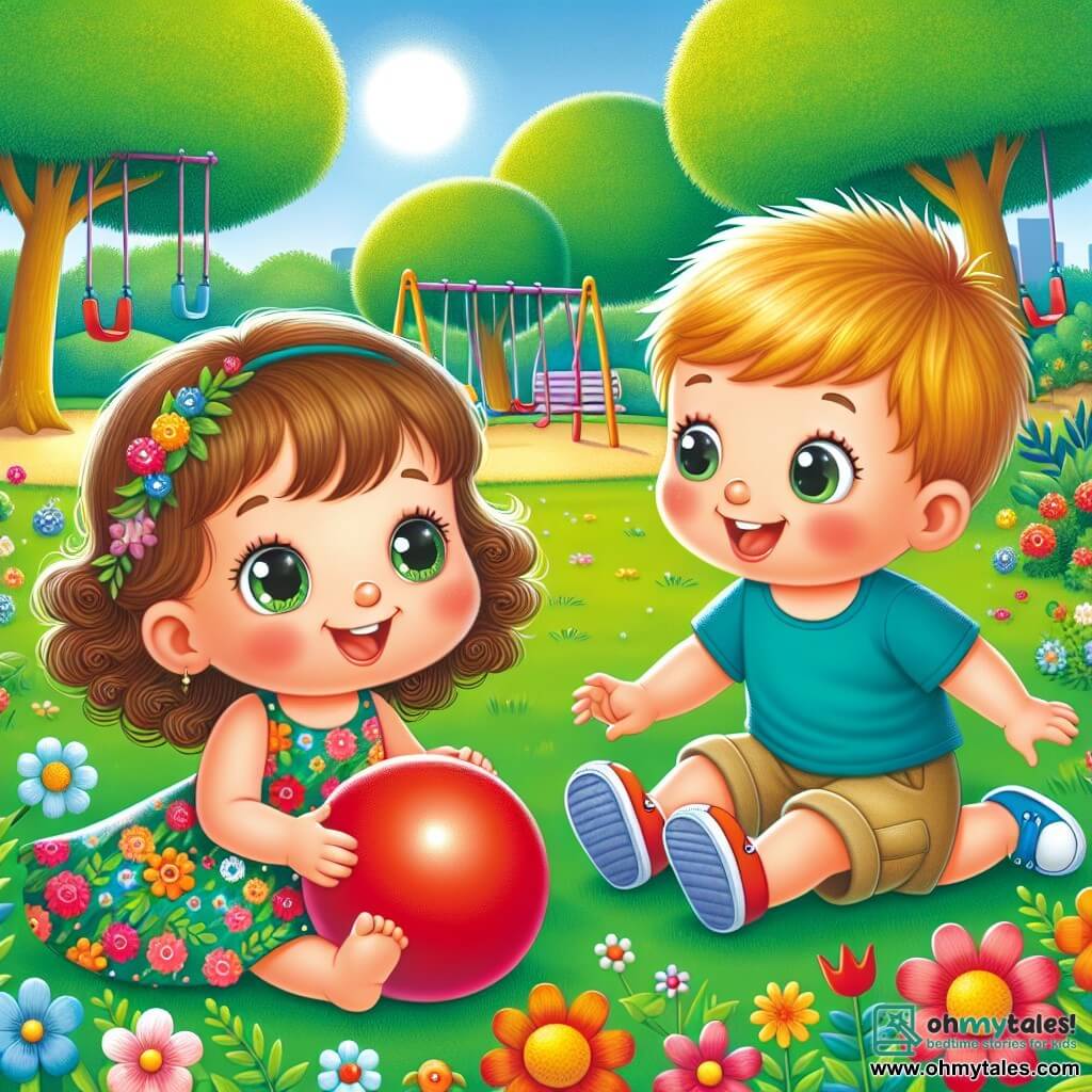 A one-year-old girl with bright big eyes and curly brown hair joyfully smiles while playing with a red balloon. She wears a colorful floral dress and is sitting on the green grass of the park. Next to her, a one-year-old boy with blonde hair and rosy cheeks laughs as he runs after the balloon. He wears a blue t-shirt and beige shorts, standing right beside her, ready to catch the balloon. The park is large and sunny, filled with tall green trees, colorful flowers, and the laughter of playing children. Swings and a slide can be seen in the background, adding to the cheerful atmosphere. The main scene shows Lily and Sam playing together, laughing and chasing the red balloon, symbolizing their new friendship in this enchanting setting.