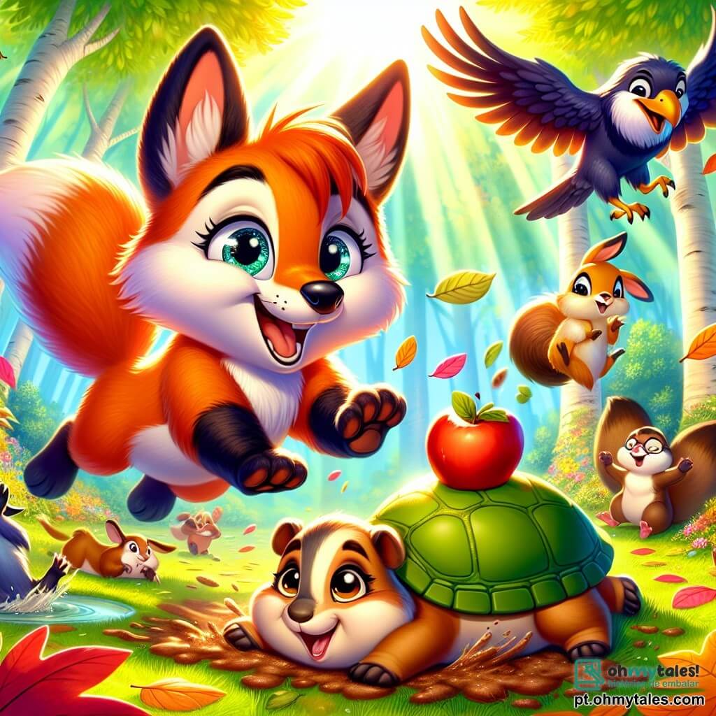 Um raposo laranja brilhante, chamado Rony, com grandes olhos cintilantes e uma cauda peluda, está pulando alegremente sobre um monte de folhas coloridas, exibindo um largo sorriso travesso. Ao seu lado, um porquinho-da-índia travesso chamado Léo, com pelagem marrom e orelhas em pé, ri alto enquanto tenta se levantar após escorregar em uma poça de lama, seu rosto coberto de manchas marrons. Ao fundo, um corvo sábio, Bia, com penas cinzas e grandes olhos redondos, voa acima deles, rindo da situação, enquanto uma tartaruga tranquila, Teca, com uma carapaça verde e um olhar sereno, avança lentamente, equilibrando uma maçã na cabeça com uma expressão concentrada. A cena acontece em uma clareira ensolarada da floresta, cercada por árvores majestosas com folhas vibrantes, com raios de sol filtrando através dos galhos, criando uma atmosfera alegre e lúdica. Os amigos participam de uma corrida de obstáculos hilária, enfrentando desafios divertidos, como pular sobre montes de folhas e evitar poças de lama, enquanto compartilham risadas e momentos de camaradagem.