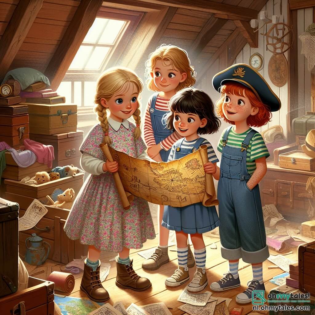 Vier kleine meisjes van ongeveer 8 jaar oud zijn samengekomen in een grote stoffige kamer van een oud huis, vol met houten kisten en antieke meubels. Lotte, met blond haar en vlechten, draagt een bloemenjurk en houdt een oude schatkaart in haar handen, haar gezicht verlicht door opwinding. Naast haar staat Emma, met bruin, krullend haar, gekleed in een gestreept t-shirt en een short, die glimlacht terwijl ze een oude foto van haar moeder als kind vasthoudt. Nora, met rood haar en sproeten, draagt een spijkerbroek en een kapiteinspet, en doet alsof ze vaart met een oude hoed. Tot slot kijkt Sophie, met kastanjebruin haar in een paardenstaart, om zich heen met verwonderde ogen, gekleed in een groen t-shirt en een broek, klaar om de geheimen van de zolder te ontdekken. De kamer is gevuld met licht dat door een stoffig raam valt, en verlicht de spinnenwebben in de hoeken. Oude speelgoed en vergeten boeken liggen verspreid over de vloer, wat een magische en mysterieuze sfeer creëert. De vier vriendinnen ontdekken een oude schatkaart vol vreemde symbolen en zijn van plan op avontuur te gaan om de "Hoek der Vergeten Spullen" te vinden, waar ze hopen verborgen schatten en vergeten herinneringen te ontdekken.