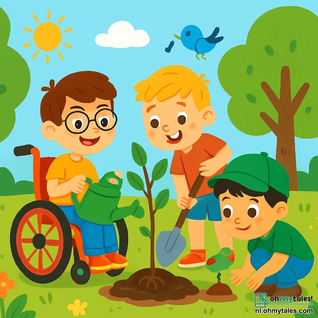 Er zijn 3 personages: - Sam: een 8-jarig jongetje met bruin haar en een bril. Hij zit in een mooie rode rolstoel, glimlachend en met een gieter in zijn hand. - Tom: een 9-jarig jongetje met blond haar en sproeten. Hij staat naast Sam en plant een klein boompje met een schep. - Finn: een 7-jarig jongetje met zwart haar en een groene pet. Hij zit voor Sam en kijkt nieuwsgierig naar de wortels van de boom die ze planten. De plaats speelt zich af in een zonnig park, vol met grote groene bomen, kleurrijke bloemen en zingende vogeltjes. De lucht is blauw met enkele donzige witte wolken, en de grond is bedekt met groen en zacht gras. De hoofd situatie van het verhaal toont de drie vrienden die samen bomen planten, lachend en elkaar helpend, met een gieter en een schep in de hand. Ze zijn omringd door schitterende bloemen en vogels die vrolijk om hen heen vliegen, wat een vrolijke en vriendelijke sfeer creëert.
