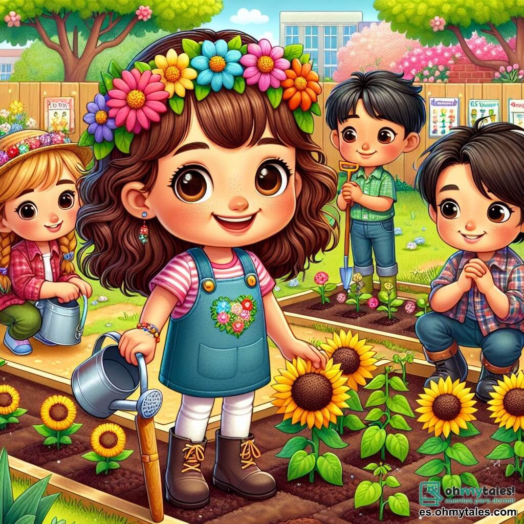 Una niña de 9 años, Clara, está en el centro de la imagen, con grandes ojos curiosos y cabello castaño ondulado, llevando una diadema de flores coloridas. Sonríe alegremente mientras sostiene una pequeña pala, lista para plantar semillas en el jardín. A su derecha, su amigo Paco, un niño de 10 años con cabello negro despeinado y una camisa de cuadros, riega delicadamente las plantas jóvenes con un pequeño regador, mostrando una expresión concentrada. A la izquierda, Lucía, una niña de 9 años con trenzas rubias, observa con asombro los girasoles que comienzan a crecer, con las manos en las caderas, llena de entusiasmo. El jardín escolar es un lugar vibrante de colores, lleno de flores brillantes y vegetación exuberante, con herramientas de jardinería esparcidas por el suelo y paneles de madera que indican las diferentes plantas. En el fondo, árboles en flor añaden un toque de magia a la escena. La situación principal muestra a Clara y sus amigos en plena actividad de jardinería, unidos por la alegría de ver los frutos de sus esfuerzos, mientras el sol brilla sobre ellos, simbolizando el comienzo de la primavera y la amistad.