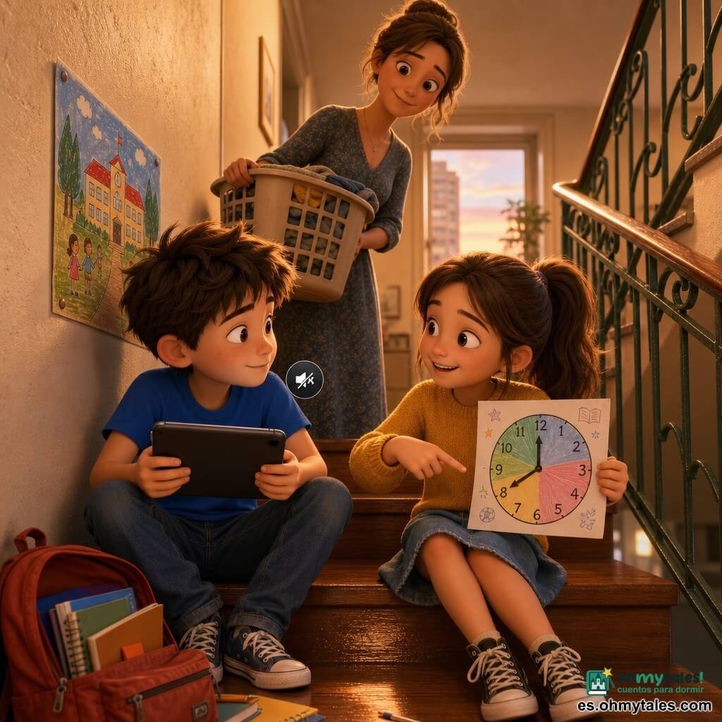Hay tres personajes: Nico, niño de 9 años, pelo castaño despeinado, camiseta azul eléctrico y vaqueros, sentado a la izquierda en el rellano, inclinando y silenciando una tableta mientras mira a Valeria; Valeria, niña de 9 años, cola de caballo castaña, suéter mostaza y falda vaquera, sentada a la derecha con una cartulina colorida sobre las piernas que muestra un dibujo de reloj y señalándola sonriendo hacia Nico; la madre, mujer de unos 35 años, piel clara, pelo recogido, vestido de motivos discretos, de pie junto a la escalera con una cesta de ropa beige, observando con ternura. Lugar: rellano de edificio luminoso al crepúsculo con peldaños de madera barnizada, barandilla verde y paredes crema con una pequeña cartelería escolar; mochila roja abierta y cuadernos esparcidos, luz cálida entrando por la ventana. Situación: momento íntimo y sereno en el que los niños acuerdan gestionar mejor las pantallas — Nico silencia la tableta y Valeria muestra un “plan del tiempo” colorido; la madre presencia la escena, transmitiendo intercambio, elección y equilibrio en una atmósfera cálida y optimista.