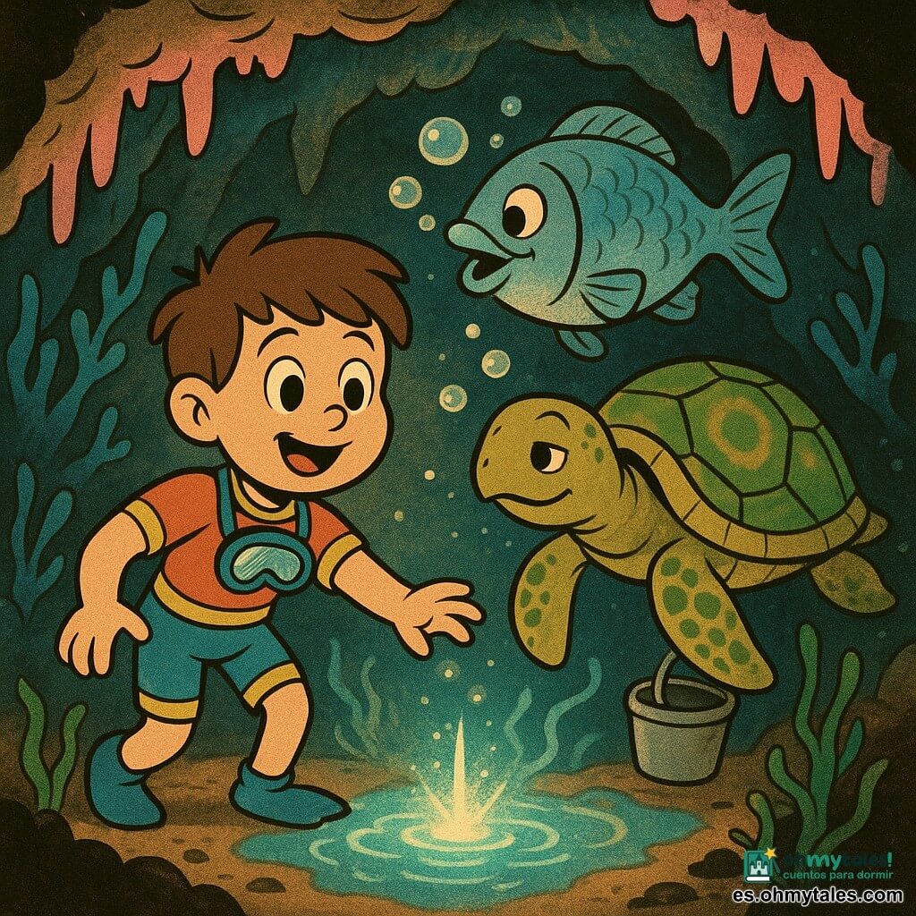 Un niño de 8 años, entusiasmado y maravillado, de rostro redondo y cabello castaño despeinado, con un pequeño traje de buceo colorido, extiende la mano hacia una fuente de agua luminosa; una gran y sabia tortuga marina de caparazón verde y ocre nada a su derecha con mirada dulce, guiándolo y protegiéndolo; un pez gigante amistoso de escamas irisadas azul plateado sopla burbujas alegres detrás, despejando algas; la cueva submarina es luminosa con estalactitas de coral rosa y azul, bancos de algas ondeantes y rayos de luz dorada que atraviesan el agua; el niño llena un pequeño recipiente que lleva la tortuga con agua pura que brilla, creando una atmósfera de asombro y camaradería.