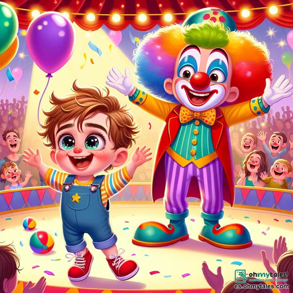 Un niño pequeño de 1 año, Lucas, con cabello castaño desordenado y grandes ojos brillantes, sonríe alegremente levantando los brazos, listo para ayudar al payaso. Lleva un overol colorido y zapatitos rojos. A su lado, un payaso feliz llamado Pipo, de unos 30 años, con un gran bigote colorido y una enorme nariz roja, hace muecas mientras busca su sombrero mágico. Pipo viste un traje multicolor, con zapatos gigantes que parecen listos para bailar. La escena se desarrolla bajo una gran carpa de circo, llena de luces brillantes y globos de colores flotando en el aire. Espectadores maravillados se agrupan alrededor, riendo y aplaudiendo. La situación principal muestra a Lucas y Pipo buscando el sombrero mágico perdido, con pelotas de malabares y confeti esparcido a su alrededor, creando una atmósfera de fiesta y magia.