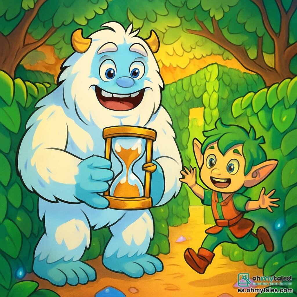 Un yeti majestuoso, con un pelaje blanco y suave como la nieve, se encuentra en el centro de la escena, sus grandes ojos brillando de emoción y curiosidad. Sonríe ampliamente, mostrando dientes blancos y amigables, mientras sostiene un antiguo reloj de arena dorado en sus grandes manos. A su lado, un pequeño duende travieso, de unos 8 años, con cabello verde desordenado y orejas puntiagudas, salta alegremente, sus ojos brillando de picardía. Lleva una túnica colorida y parece listo para explorar. El decorado es un laberinto vivo, hecho de muros de plantas gigantes con hojas vibrantes y piedras brillantes que iluminan el lugar con una luz suave y mágica. Árboles de troncos retorcidos se elevan a su alrededor, formando un techo natural y creando una atmósfera encantada. La situación principal muestra al yeti y al duende descubriendo un camino secreto en el laberinto, rodeados de colores vivos y detalles fantásticos, mientras murmullos misteriosos parecen emanar de los muros vivos, invitándolos a avanzar en su aventura.